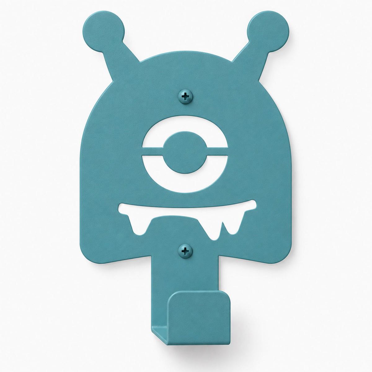 Little Hangups teal monster wall hook with playful antennae and wide mouth for hanging everyday items