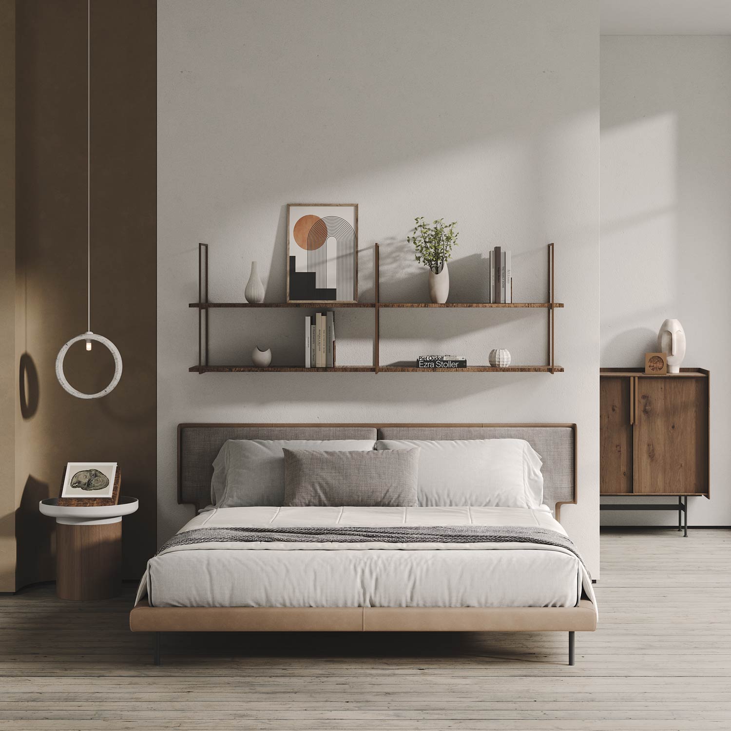 Lloyd Cherry 2 Tiered Shelf with minimalist design holds decor and books above bed in modern bedroom setting.