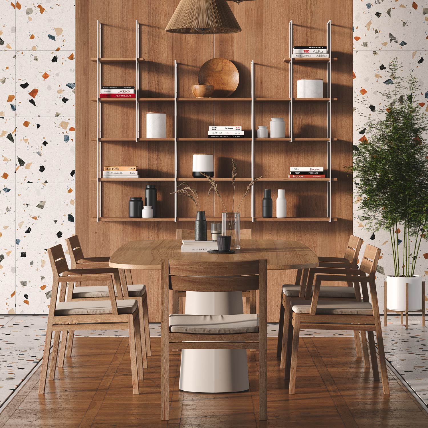 Lloyd Black 3 Tiered Shelf displaying decor and books on a minimalist wood wall in elegant dining room setting
