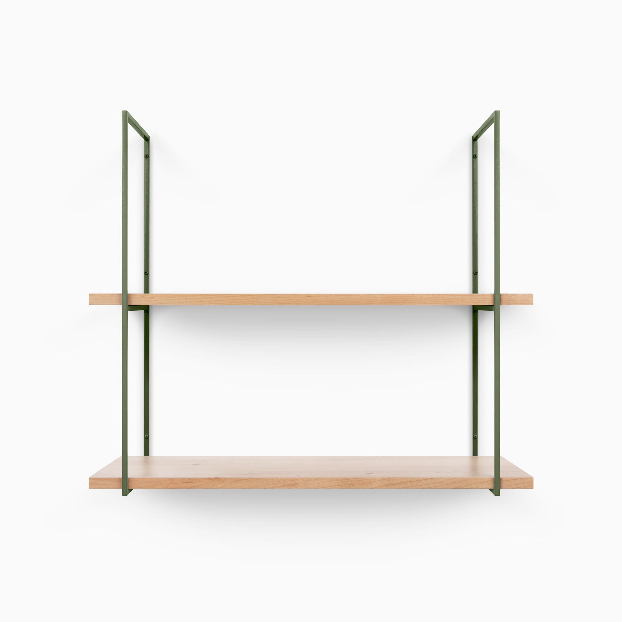 Lloyd Alder 2 Tiered Shelf with natural alder wood ledges and green metal floating shelf bracket hardware for wall display