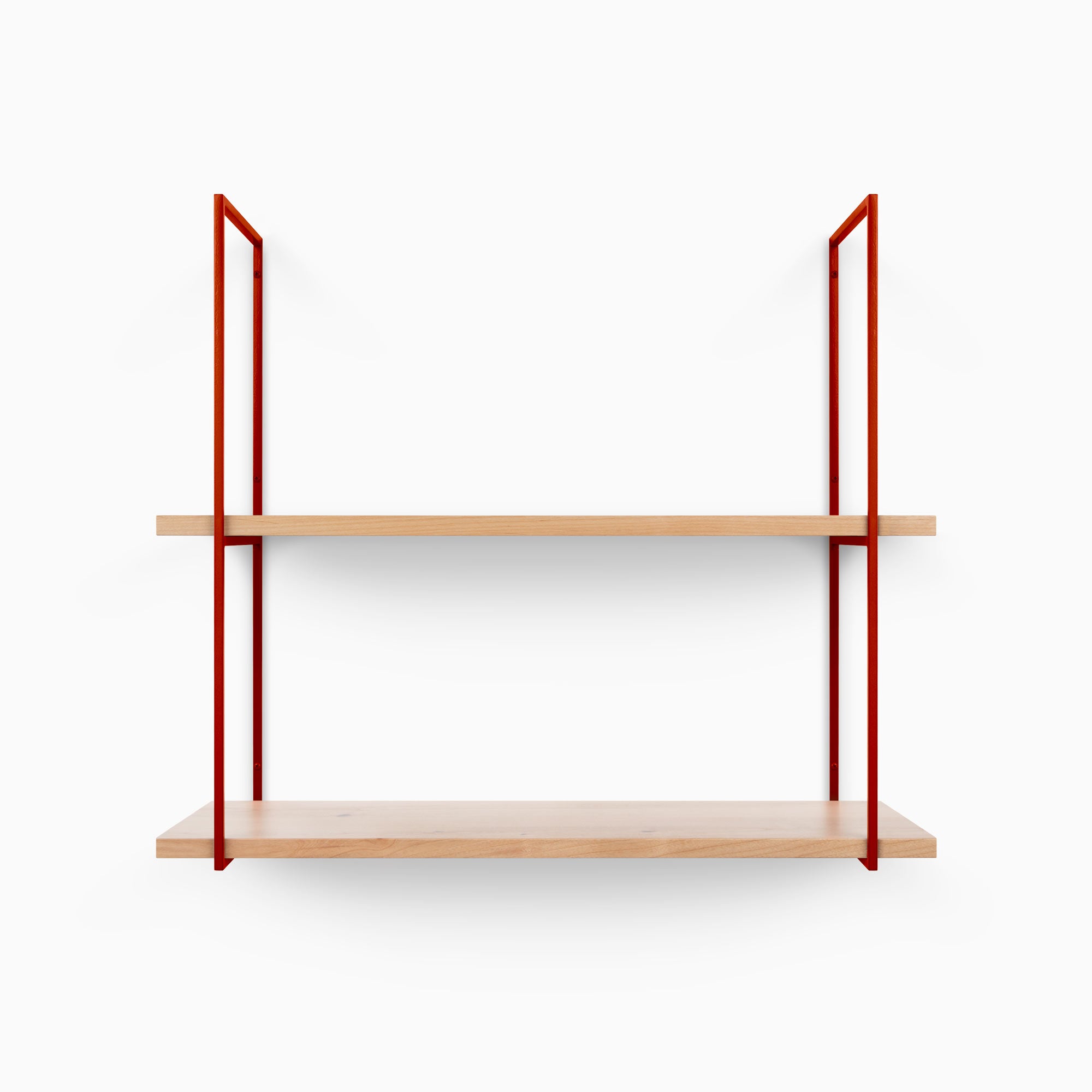 Lloyd Alder 2 Tiered Shelf with natural alder wood ledges and vibrant red metal floating shelf brackets for wall display