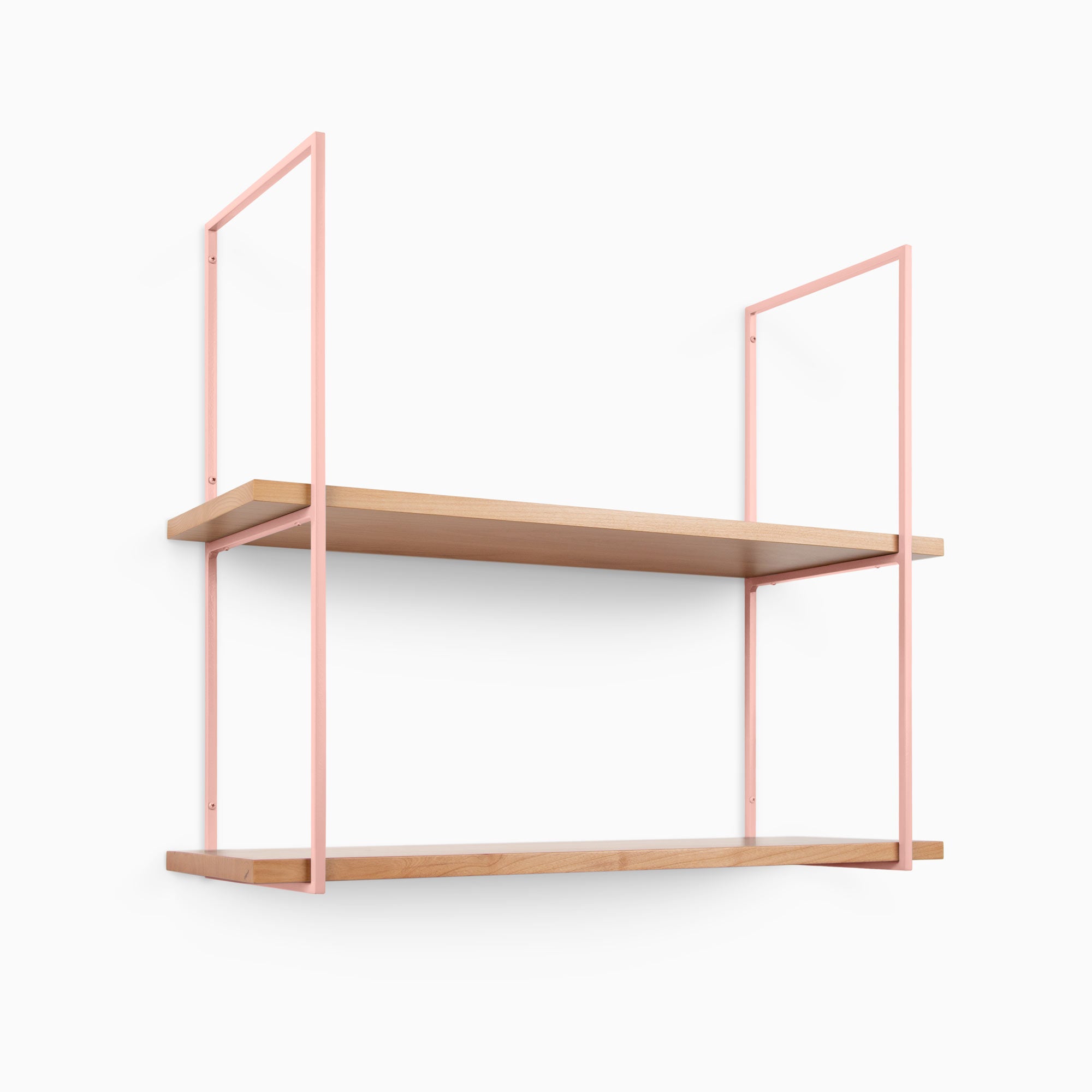 Lloyd Alder 2 Tiered Shelf with natural alder wood ledges and pastel pink metal floating shelf brackets for wall display