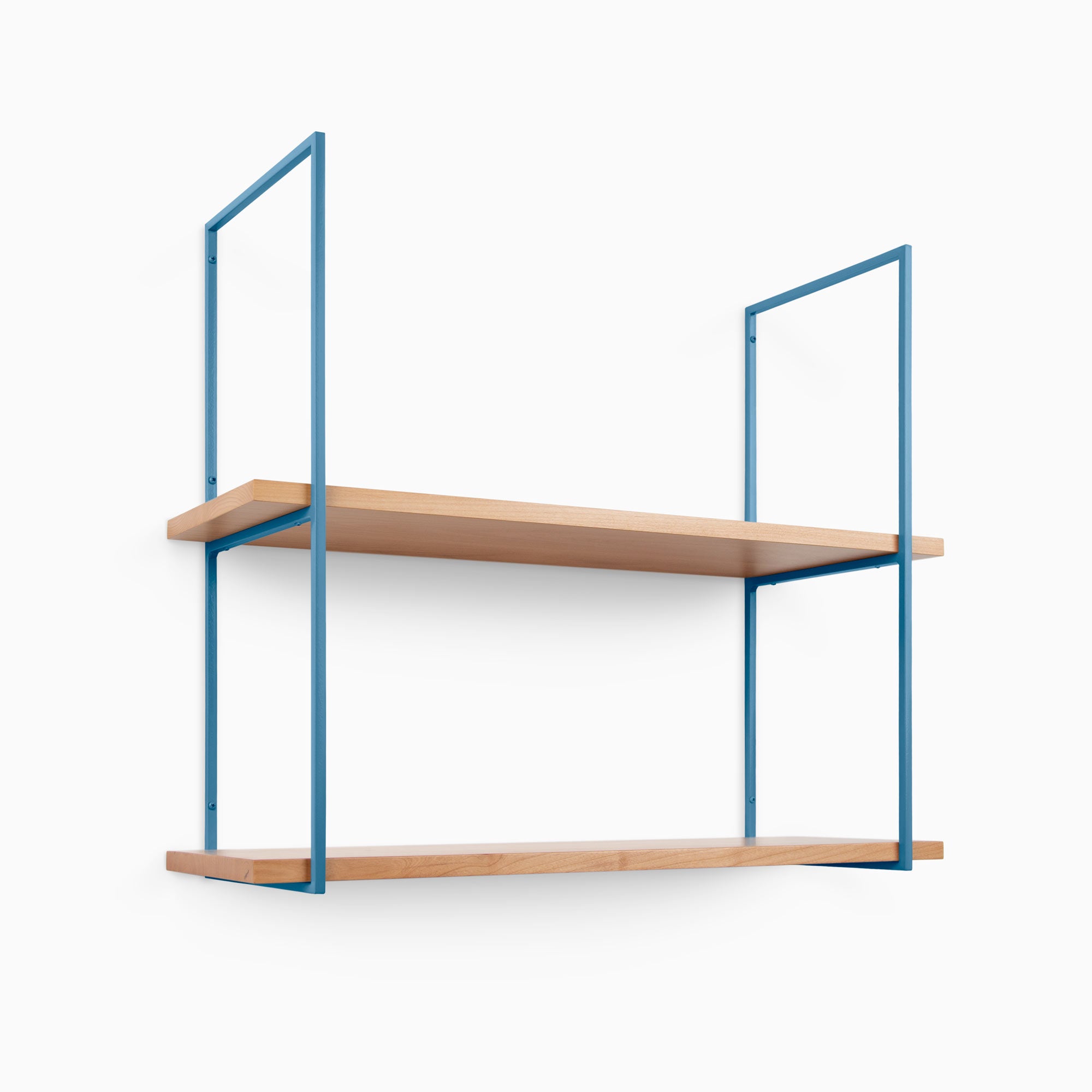Lloyd Alder 2 Tiered Shelf with natural alder wood ledges and muted blue metal floating shelf brackets for wall display