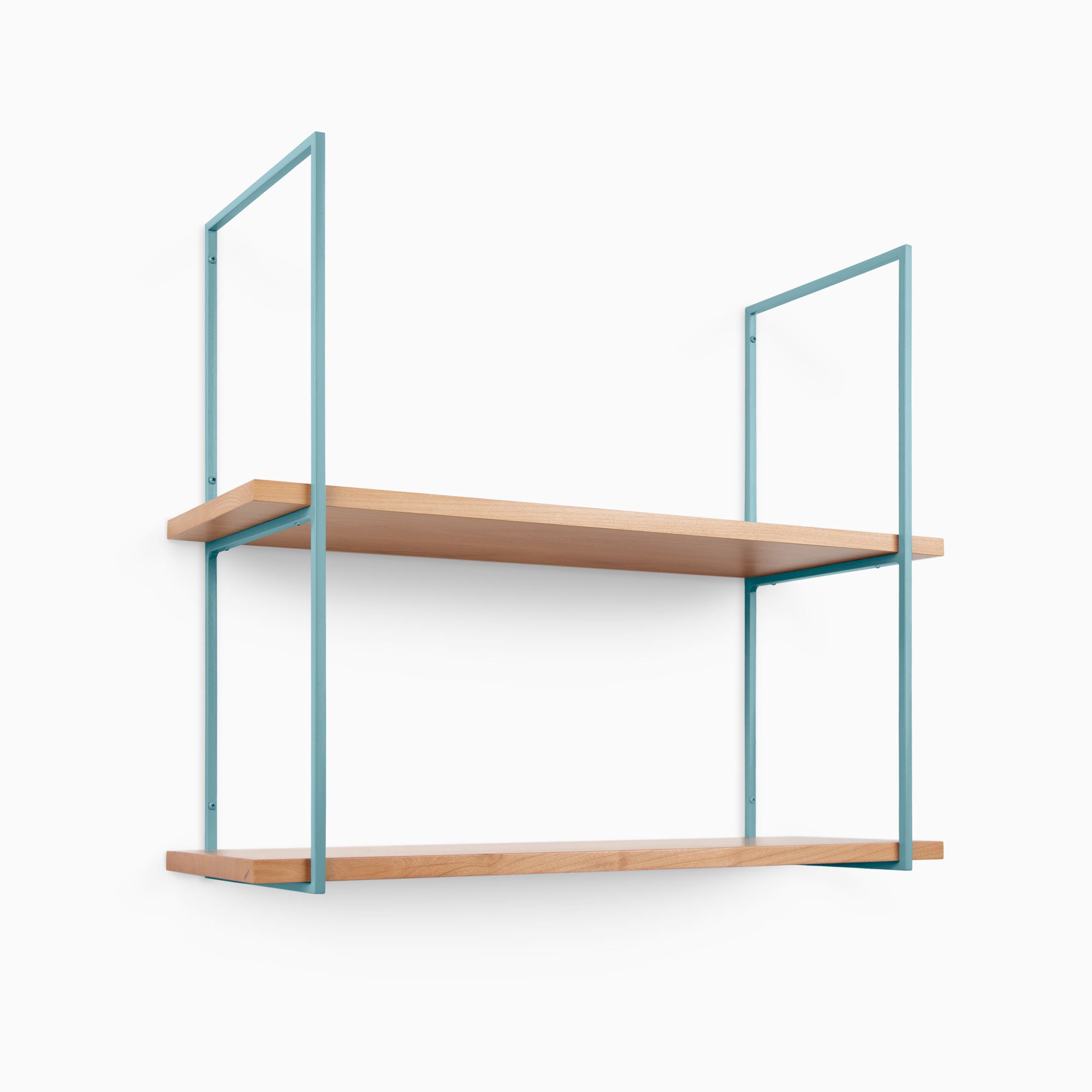 Lloyd Alder 2 Tiered Shelf with natural alder wood ledges and muted blue metal floating shelf brackets for stylish wall display