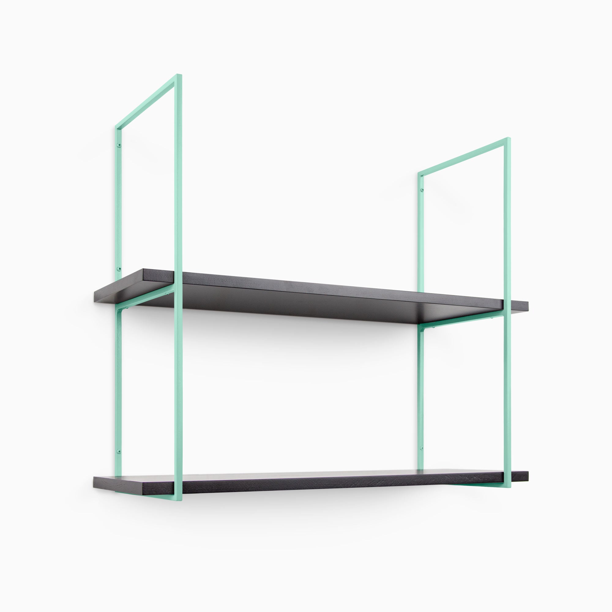 Lloyd Black 2 Tiered Shelf with black wood planks and slim muted green metal floating shelf brackets for wall display