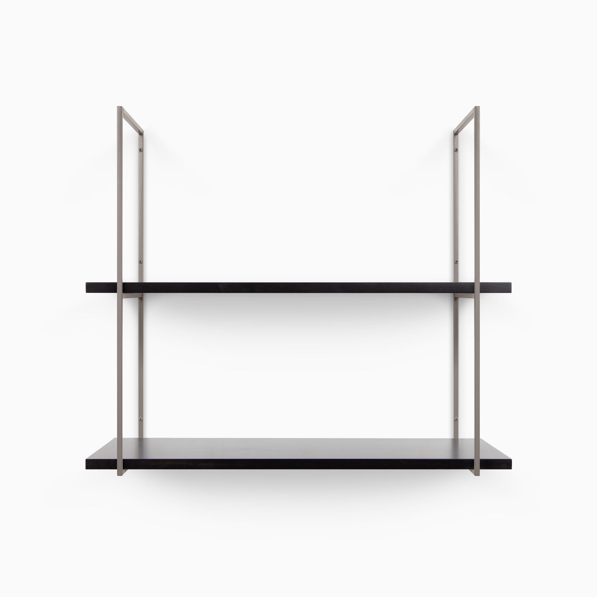 Lloyd Black 2 Tiered Shelf with black wood shelves and thin rust-resistant stainless steel floating shelf brackets
