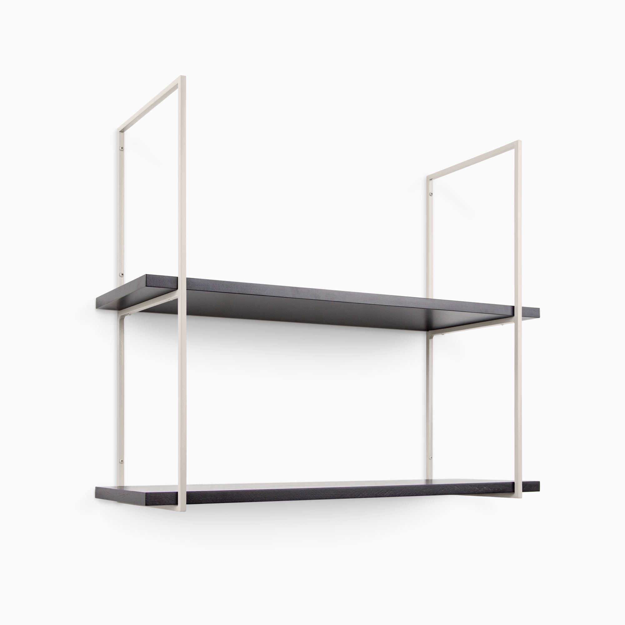 Lloyd Black 2 Tiered Shelf with sleek black wood planks and minimalist light metal shelf brackets for wall display