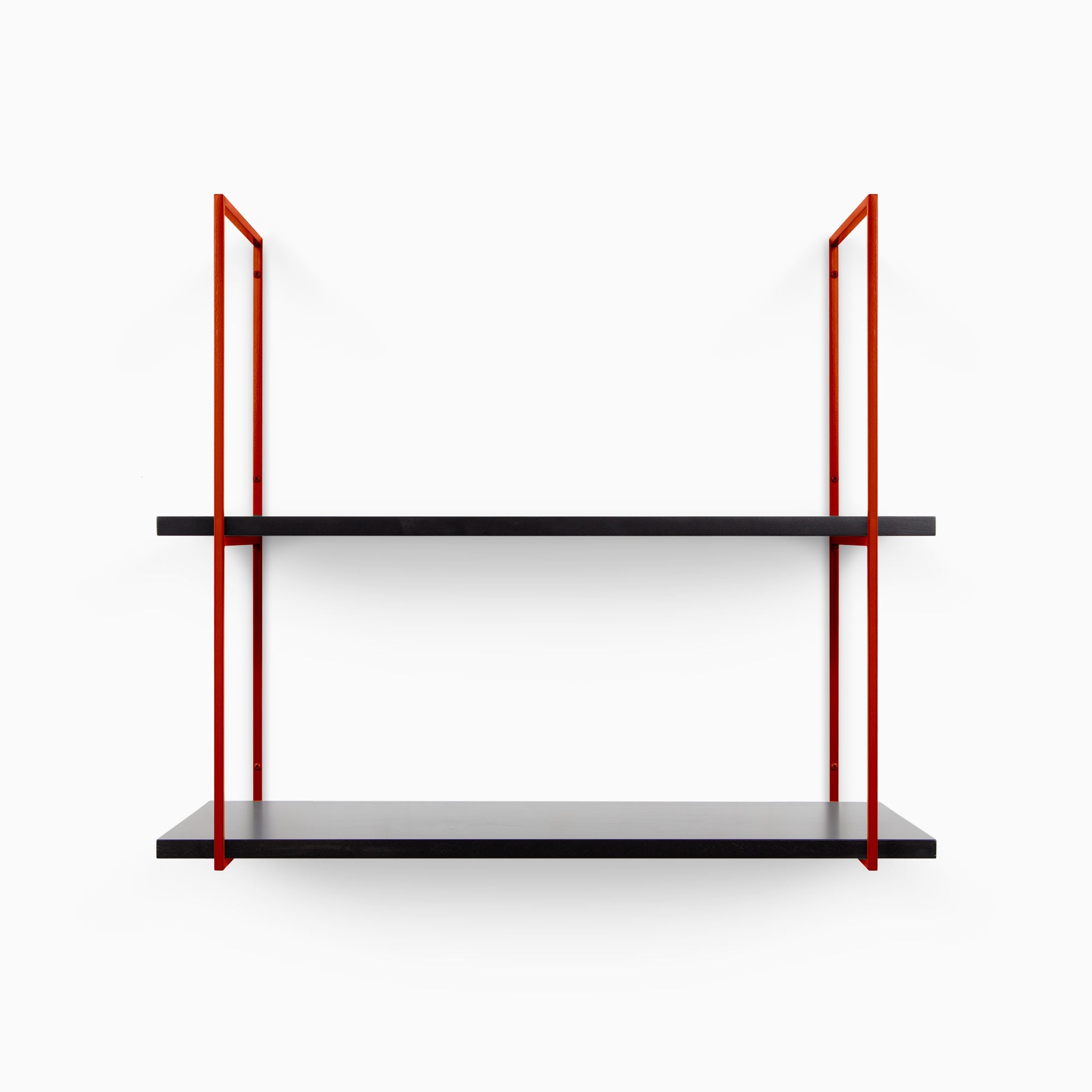 Lloyd Black 2 Tiered Shelf with black planks and slim rust-colored metal floating shelf brackets for wall display and organization