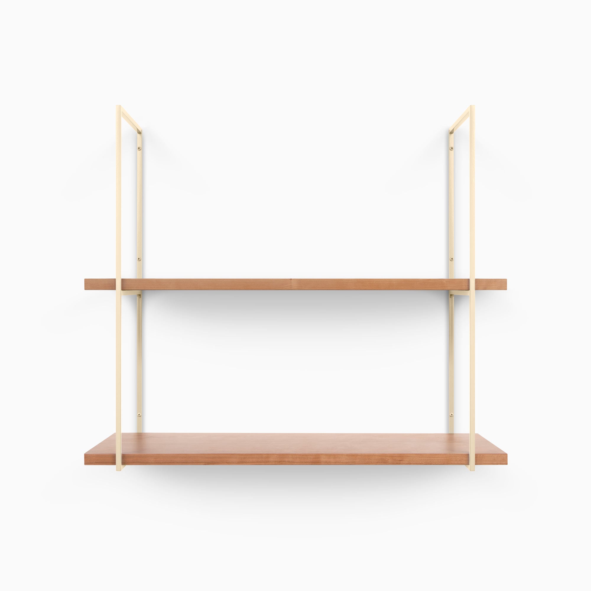 Lloyd Cherry 2 Tiered Shelf with minimalist design, metal floating shelf brackets, and wood floating shelves for organized display.