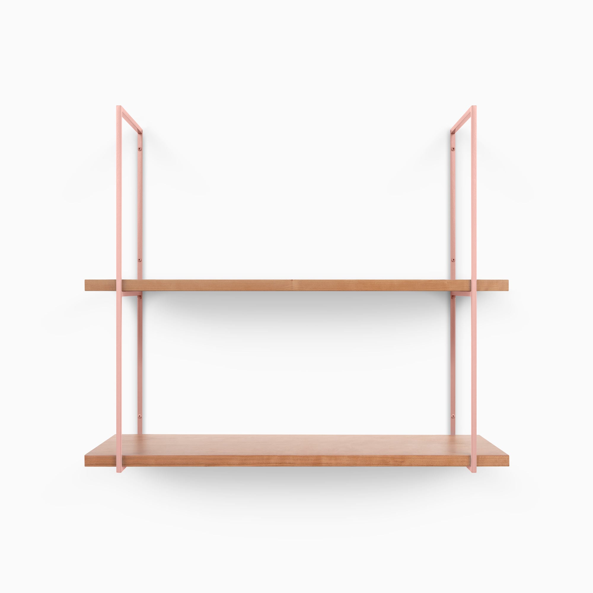 Lloyd Cherry 2 Tiered Shelf with minimalist design featuring wood shelves and pink metal floating shelf brackets by Shelfology