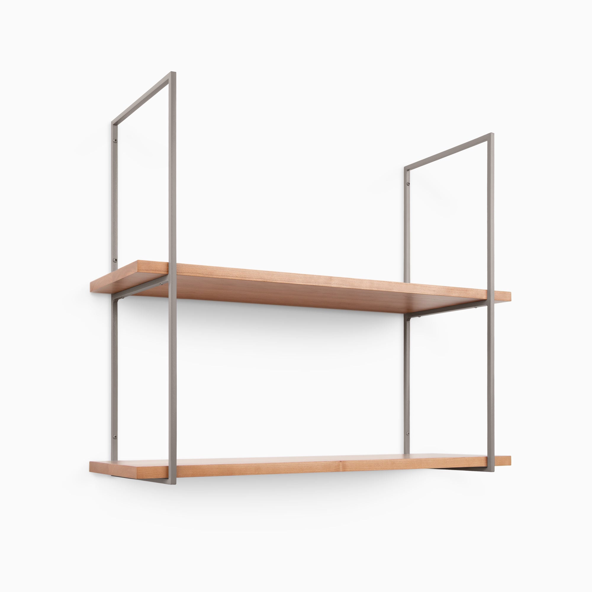 Lloyd Cherry 2 Tiered Shelf with minimalist wood shelves and metal floating shelf brackets for organized wall display.