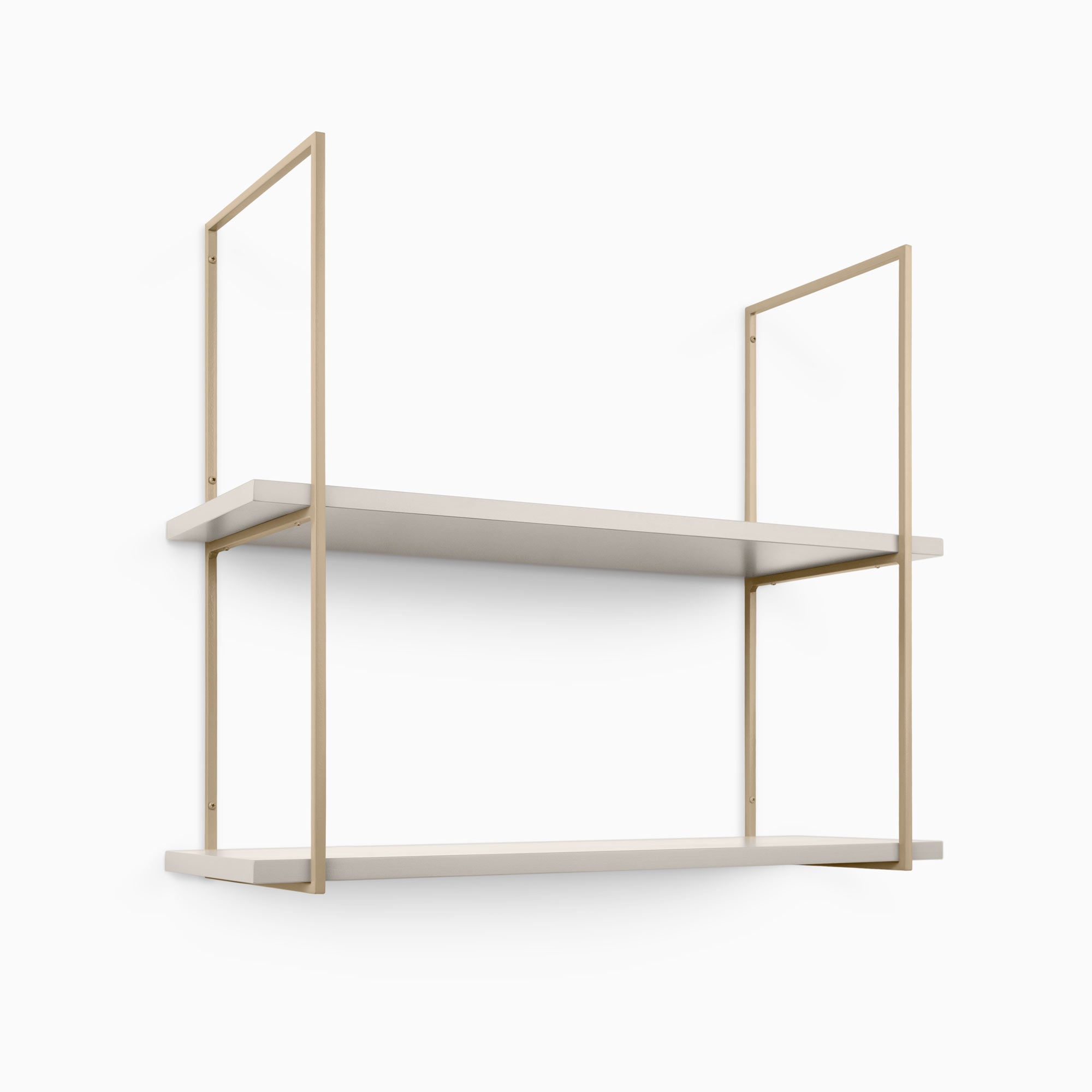 Lloyd Concretey 2 Tiered Shelf in minimalist design with metal brackets and white shelves for organized wall display.