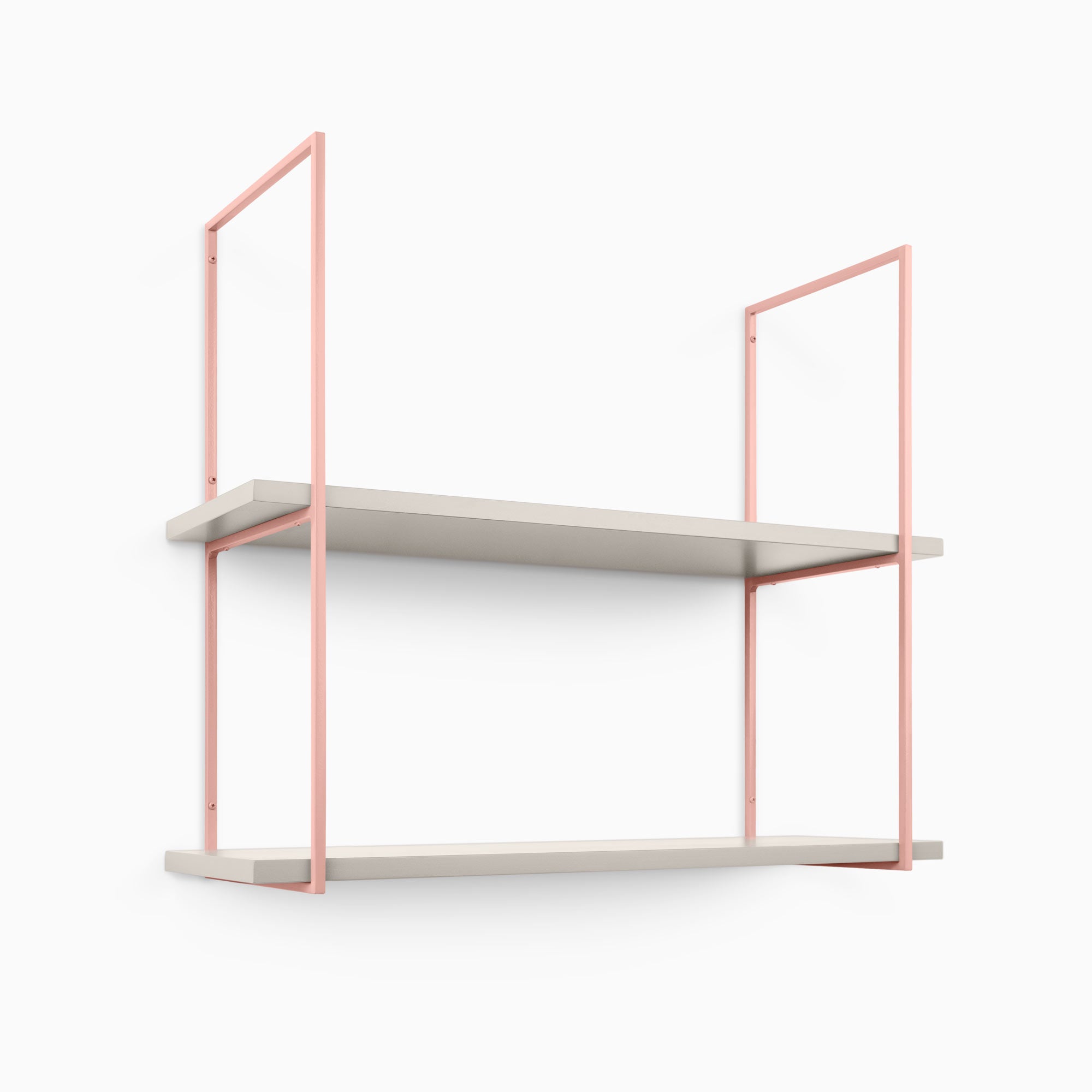 Lloyd Concretey 2 Tiered Shelf with minimalist design, metal floating shelves, and pink shelf brackets for wall display and organization