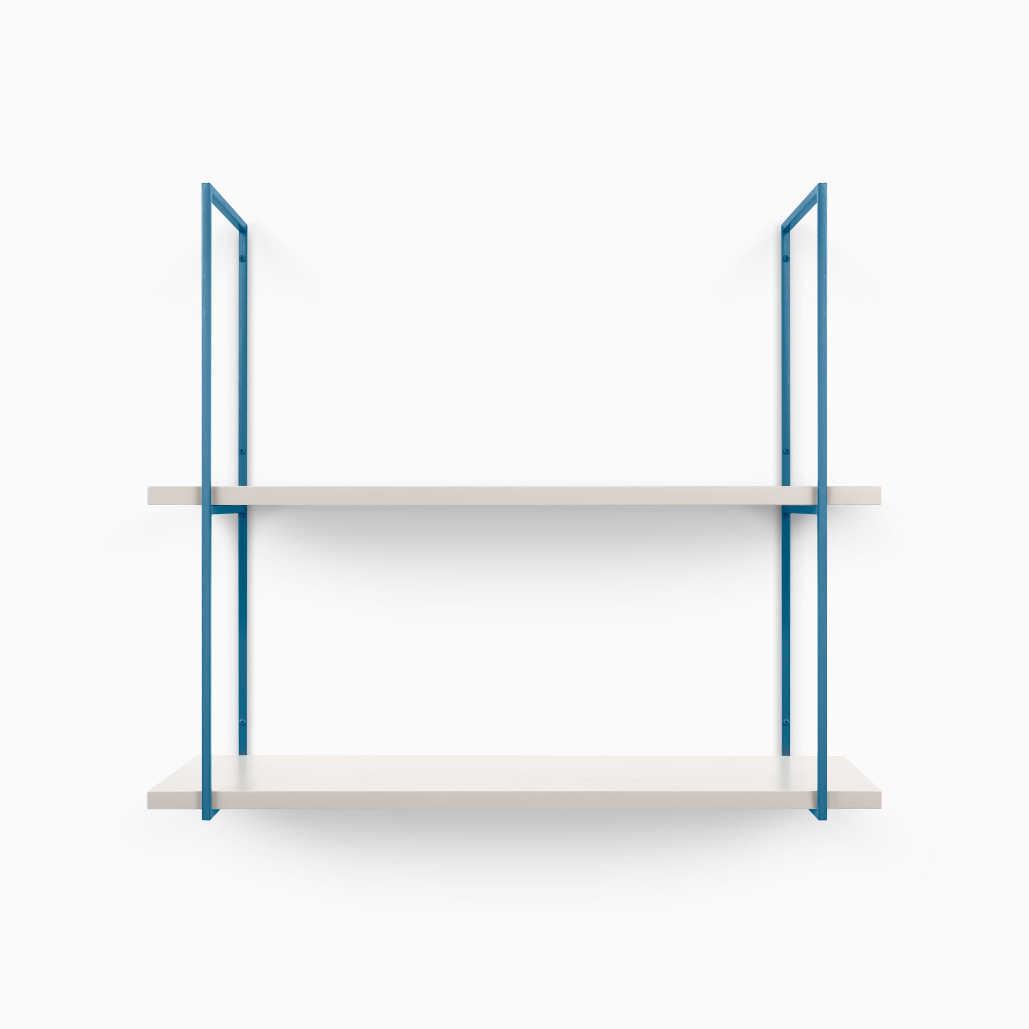 Lloyd Concretey 2 Tiered Shelf with minimalist white wood shelves and blue metal floating shelf brackets for wall display