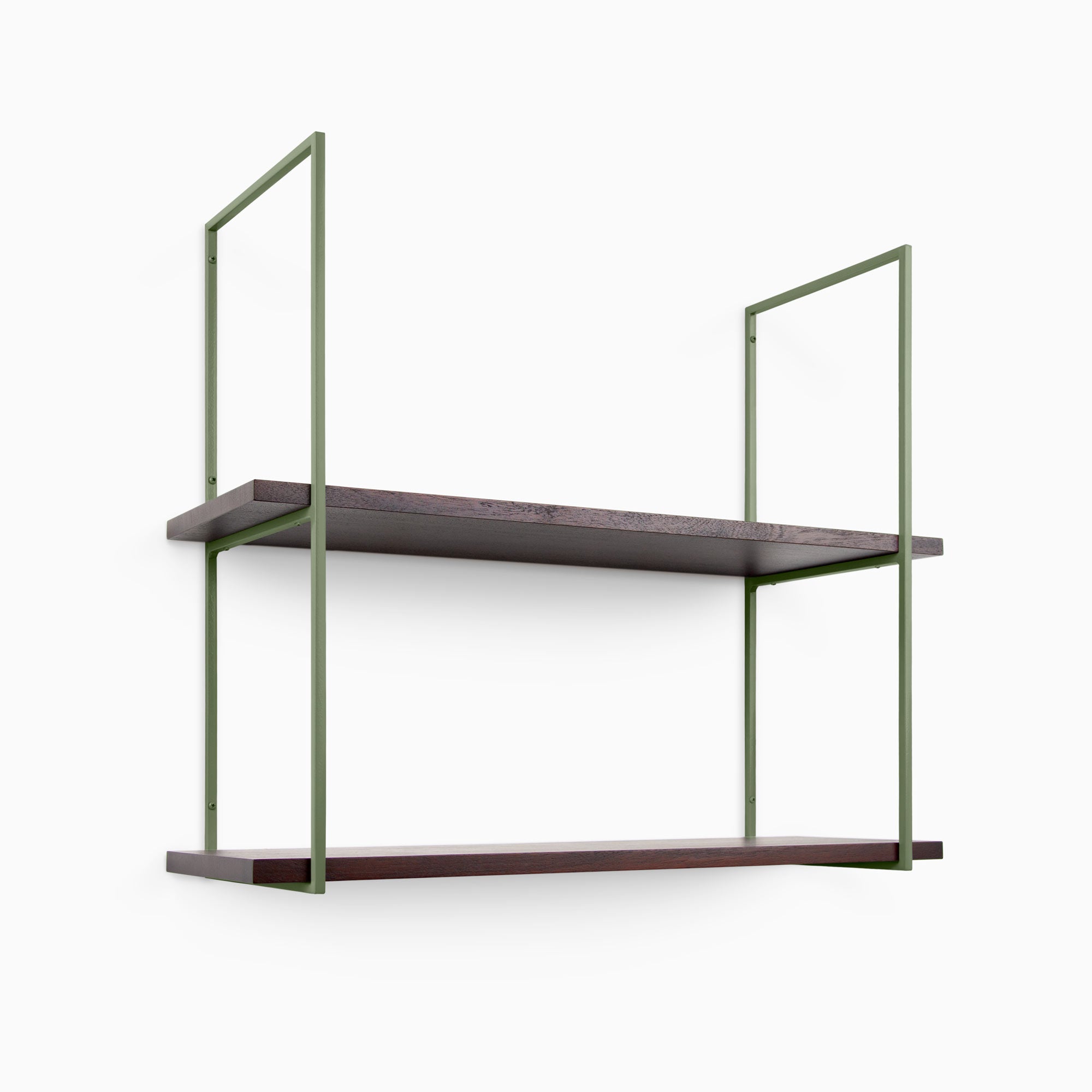Lloyd Dutch Mocha 2 Tiered Shelf with rich mocha wood planks and slender muted green metal floating shelf brackets