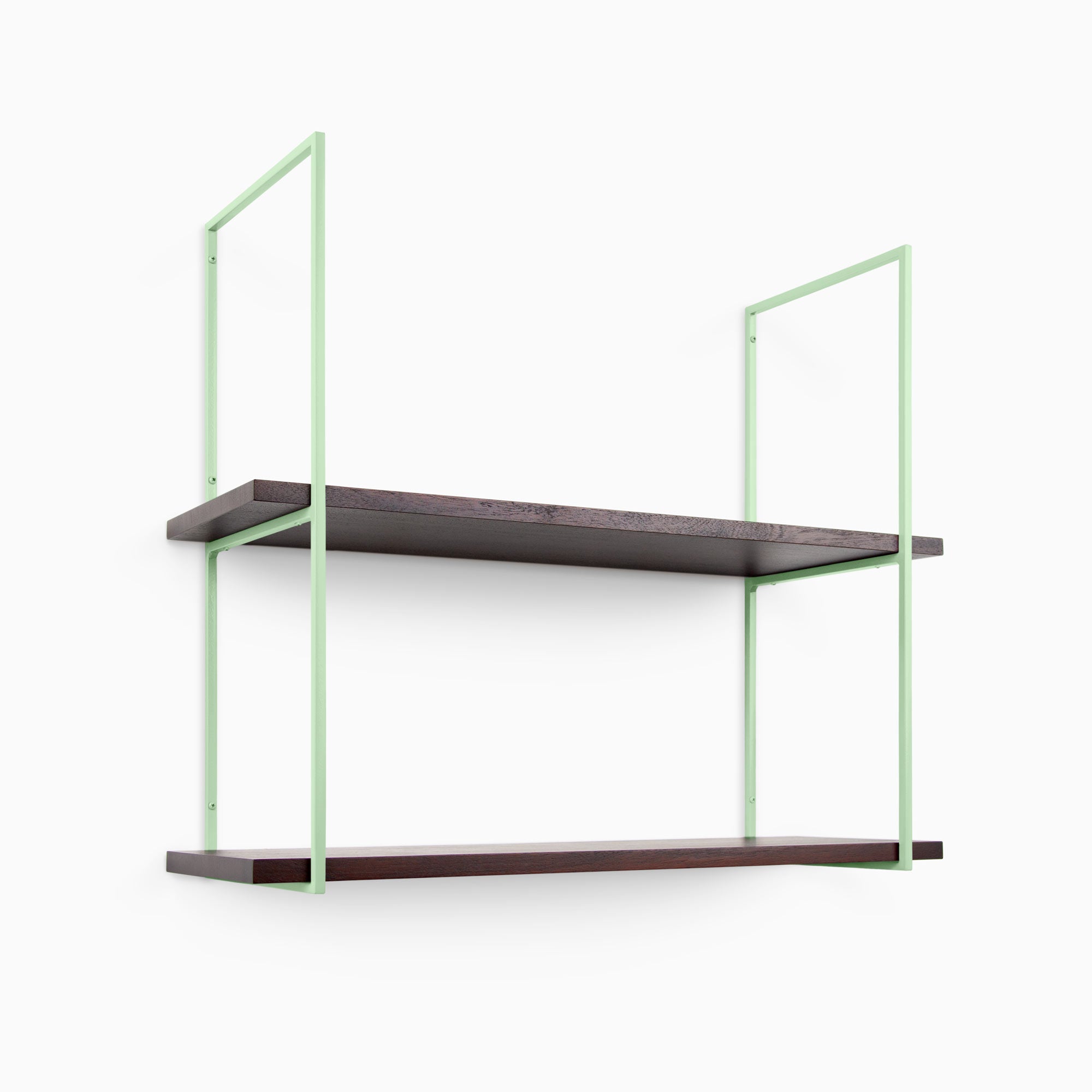 Lloyd Dutch Mocha 2 Tiered Shelf with rich mocha wood planks and slender muted green metal floating shelf brackets