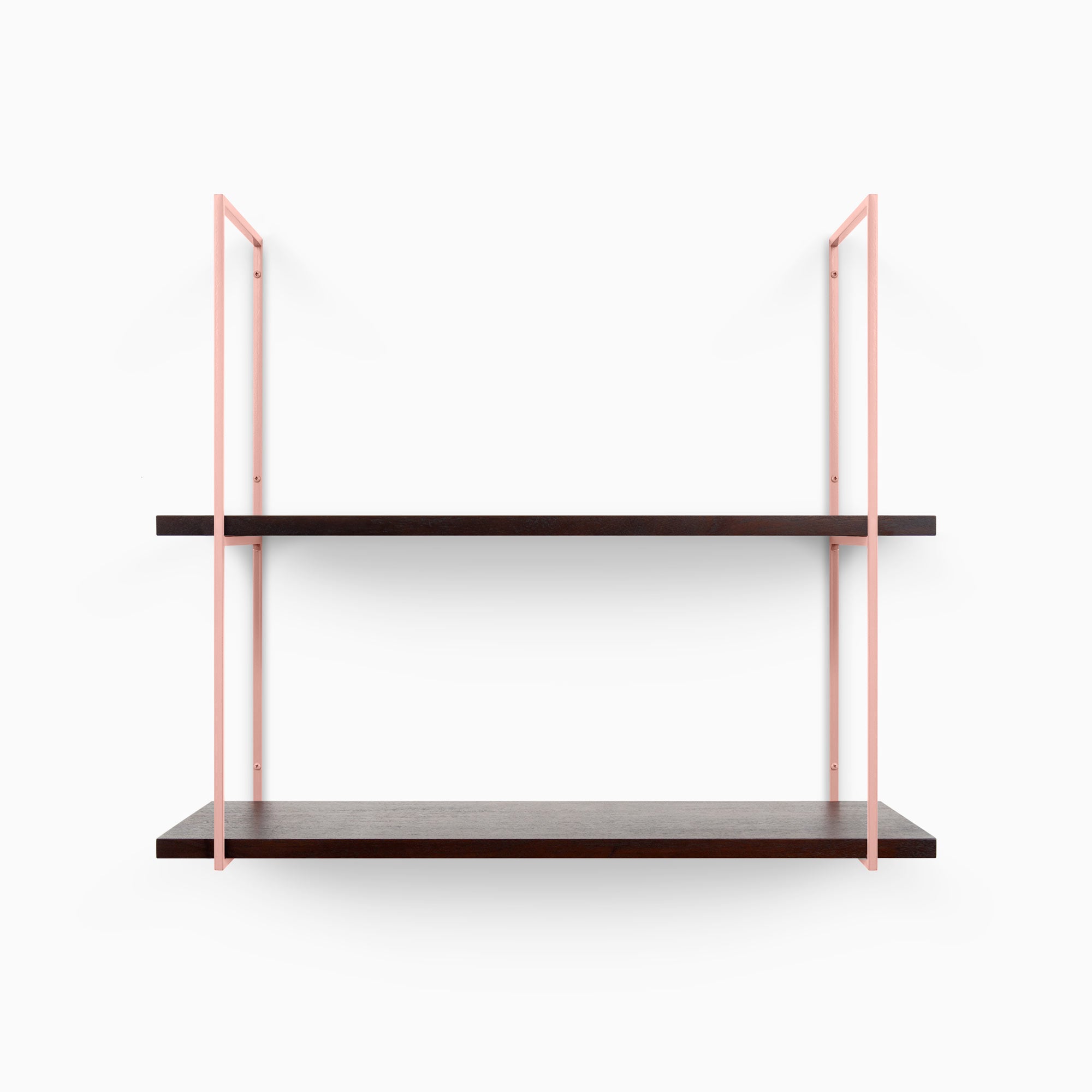 Lloyd Dutch Mocha 2 Tiered Shelf featuring rich mocha wood planks and slender muted pink metal floating shelf brackets