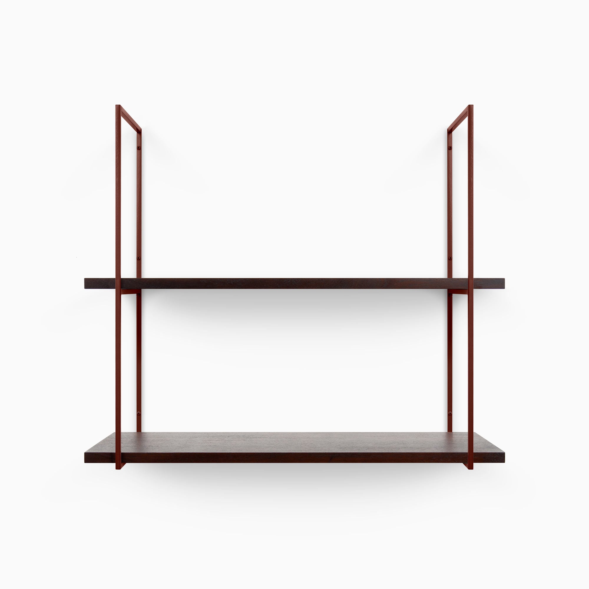 Lloyd Dutch Mocha 2 Tiered Shelf with rich mocha wood planks and slender rust-colored metal floating shelf brackets