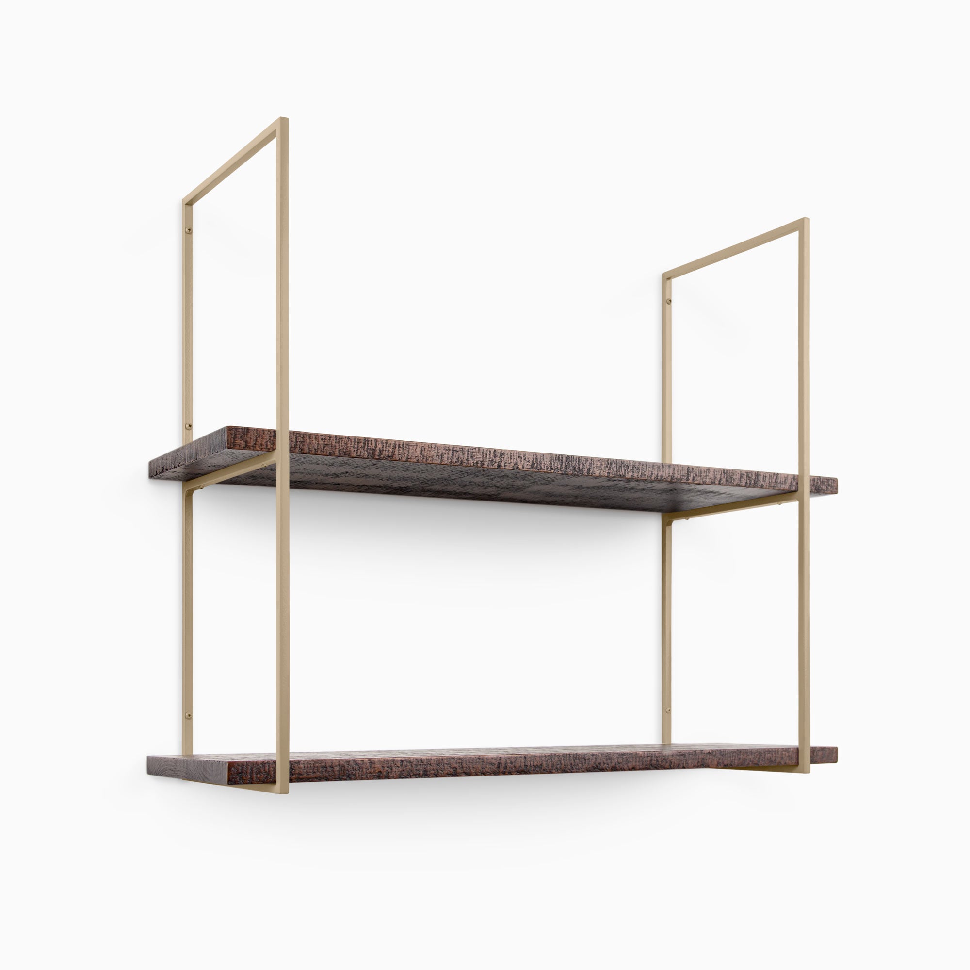 Lloyd Espresso Rustic 2 Tiered Shelf with textured espresso wood planks and minimalist light beige metal floating shelf brackets