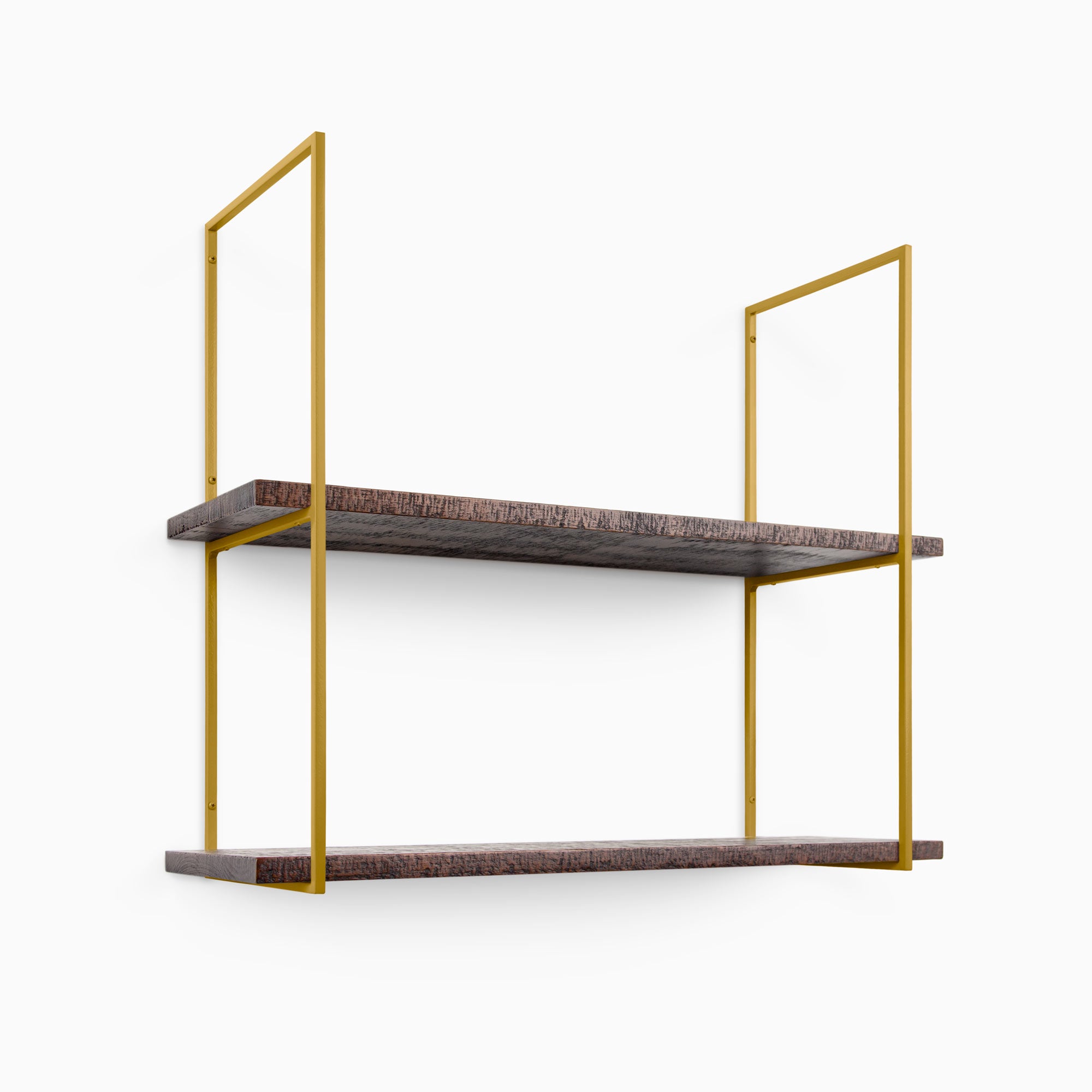 Lloyd Espresso Rustic 2 Tiered Shelf with textured espresso wood planks and minimalist gold metal floating shelf brackets