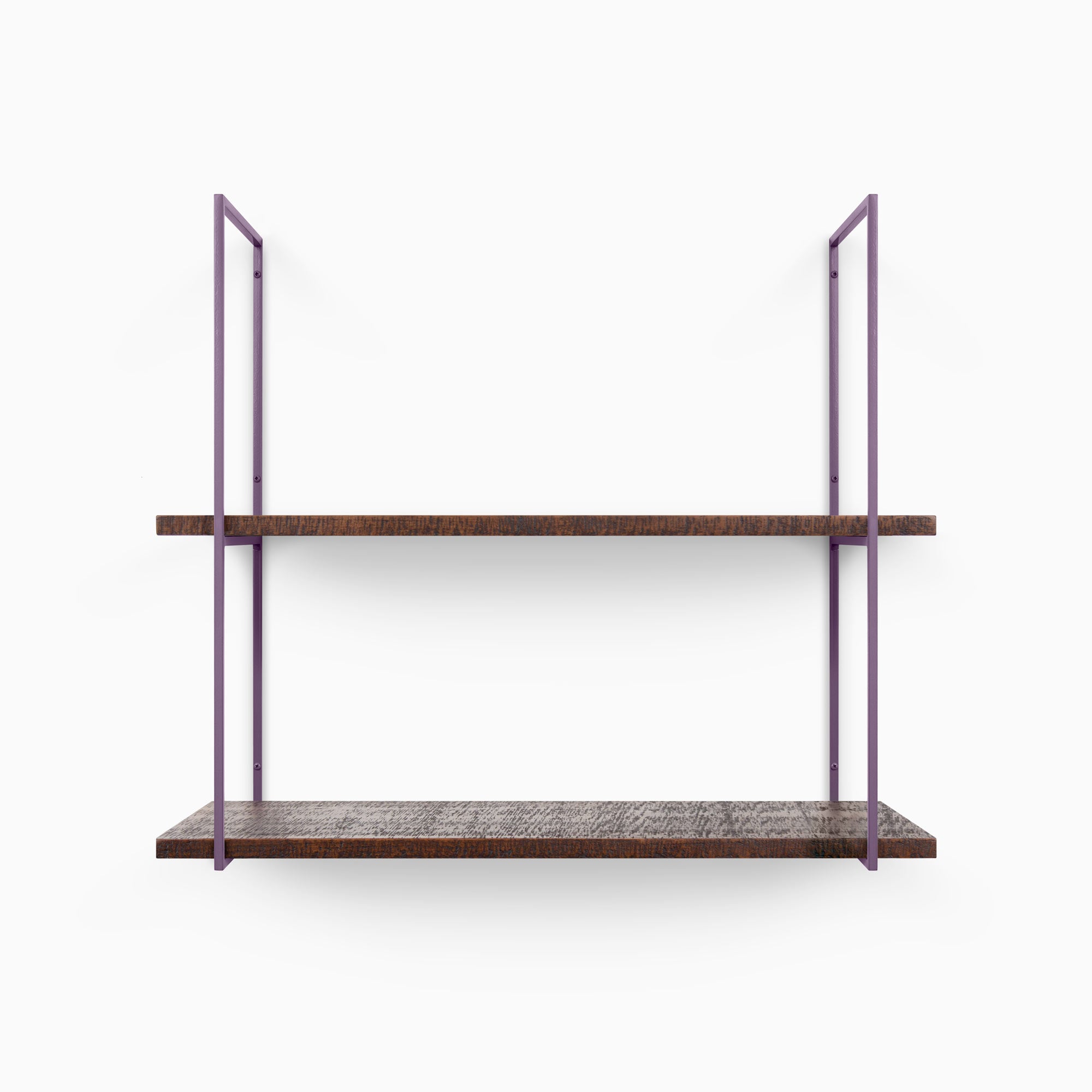 Lloyd Espresso Rustic 2 Tiered Shelf with textured espresso wood planks and slender purple metal floating shelf brackets