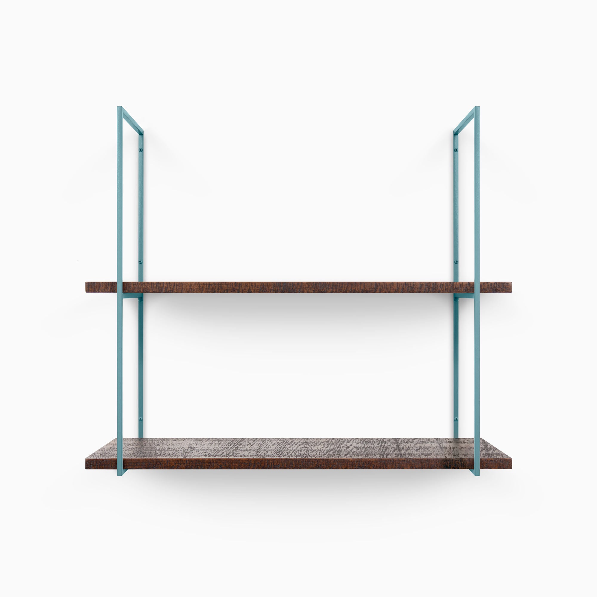 Lloyd Espresso Rustic 2 Tiered Shelf with textured espresso wood planks and slender teal metal floating shelf brackets