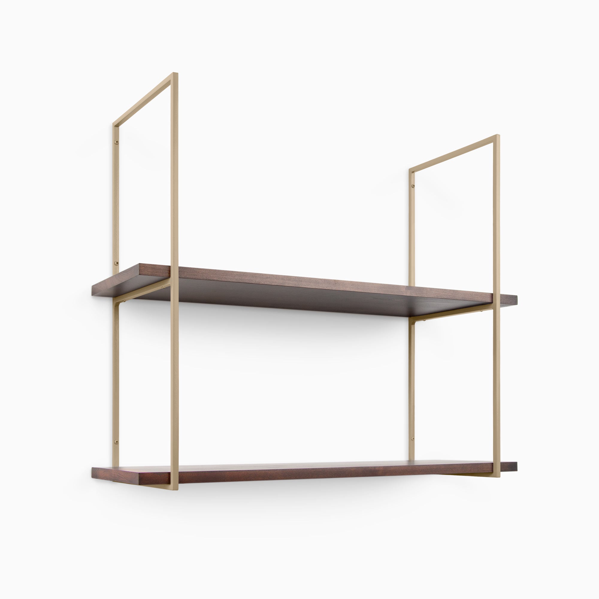 Lloyd Espresso 2 Tiered Shelf with smooth espresso wood planks and minimalist light beige metal floating shelf brackets