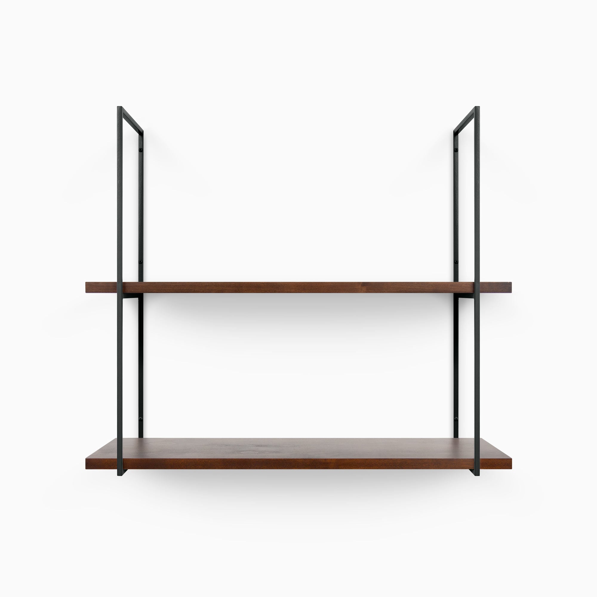 Lloyd Espresso 2 Tiered Shelf with smooth espresso wood planks and matte black metal floating shelf brackets for modern spaces