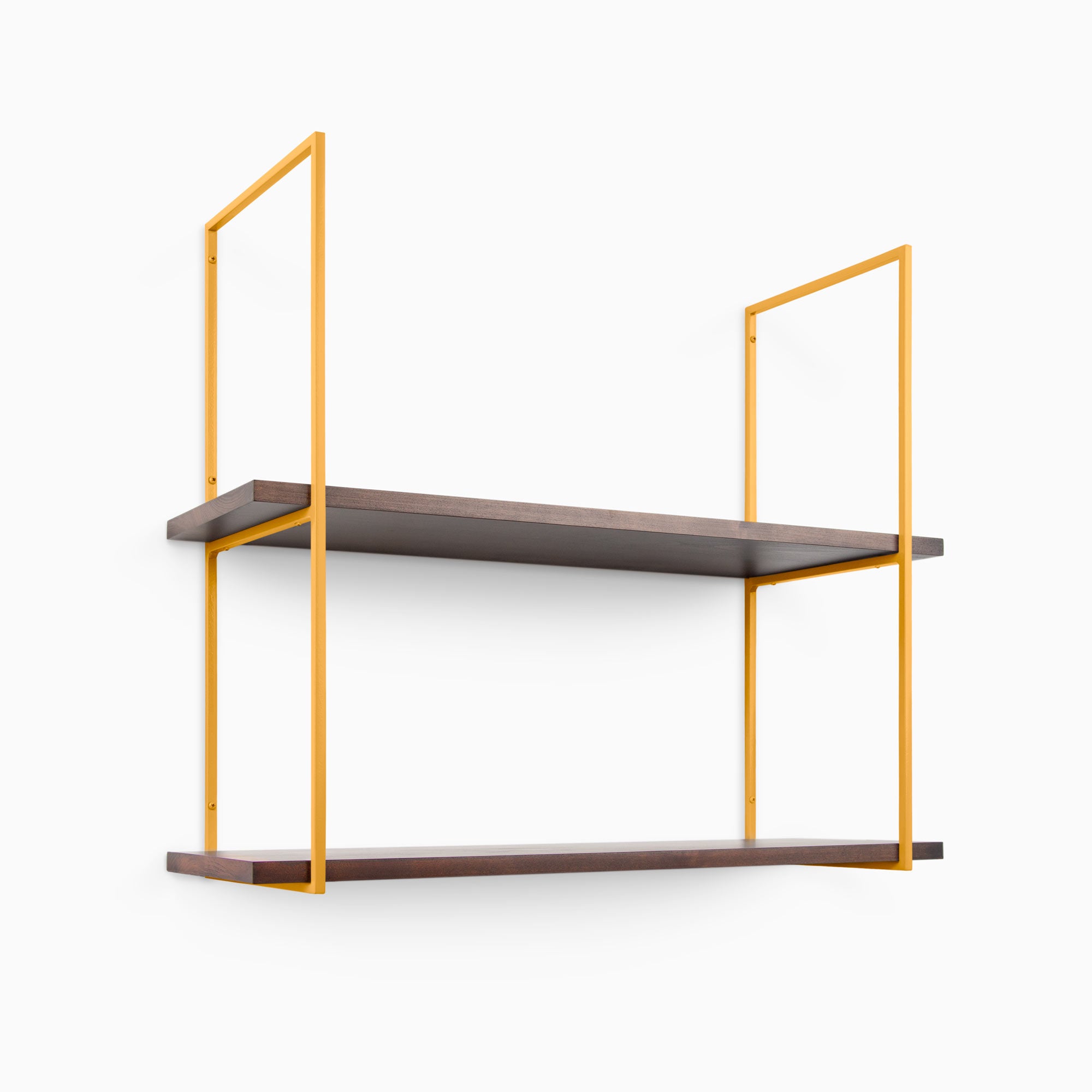 Lloyd Espresso 2 Tiered Shelf with smooth espresso wood planks and vibrant yellow metal floating shelf brackets