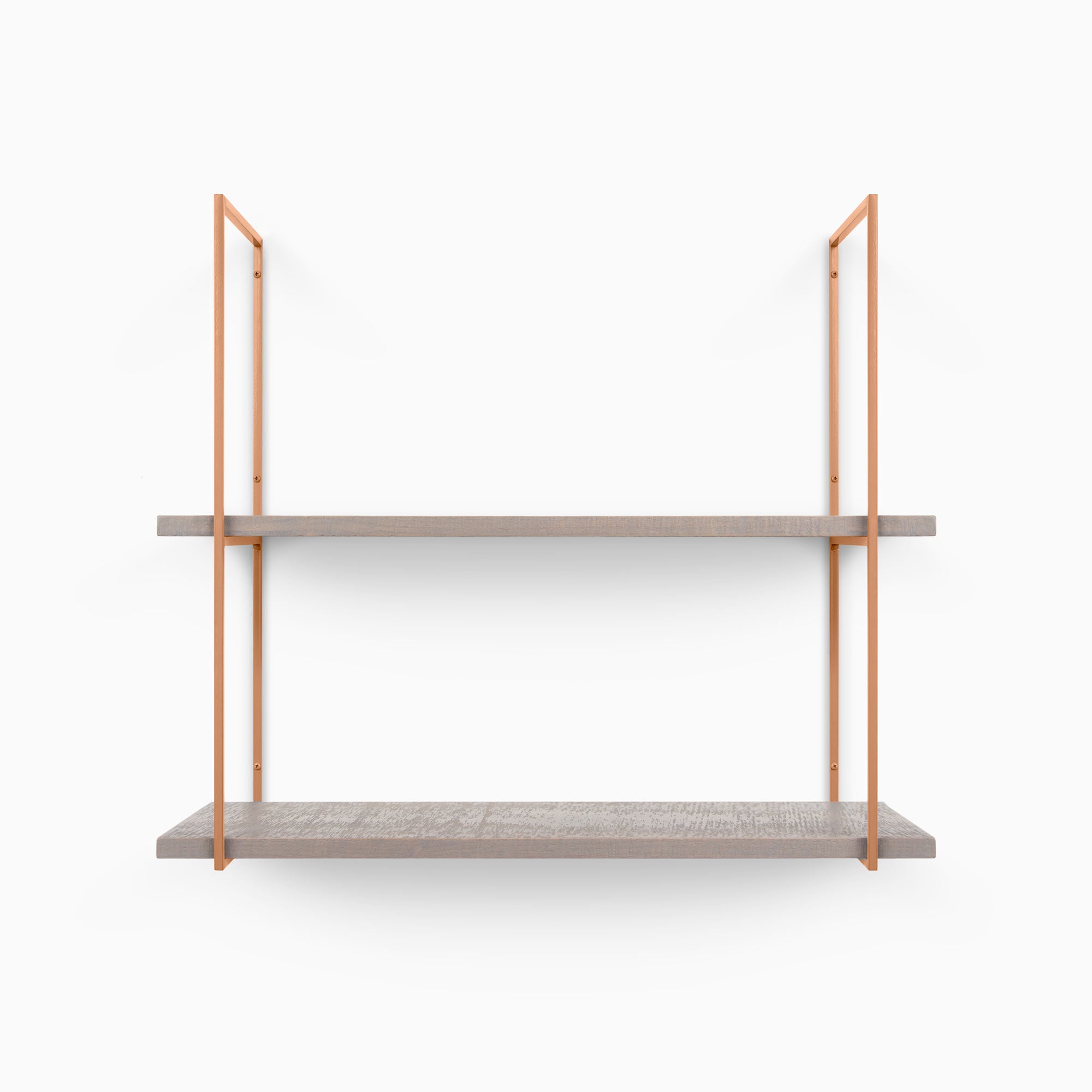 Lloyd Hatch Grey Rustic 2 Tiered Shelf with textured grey wood planks and slender copper-toned metal floating shelf brackets