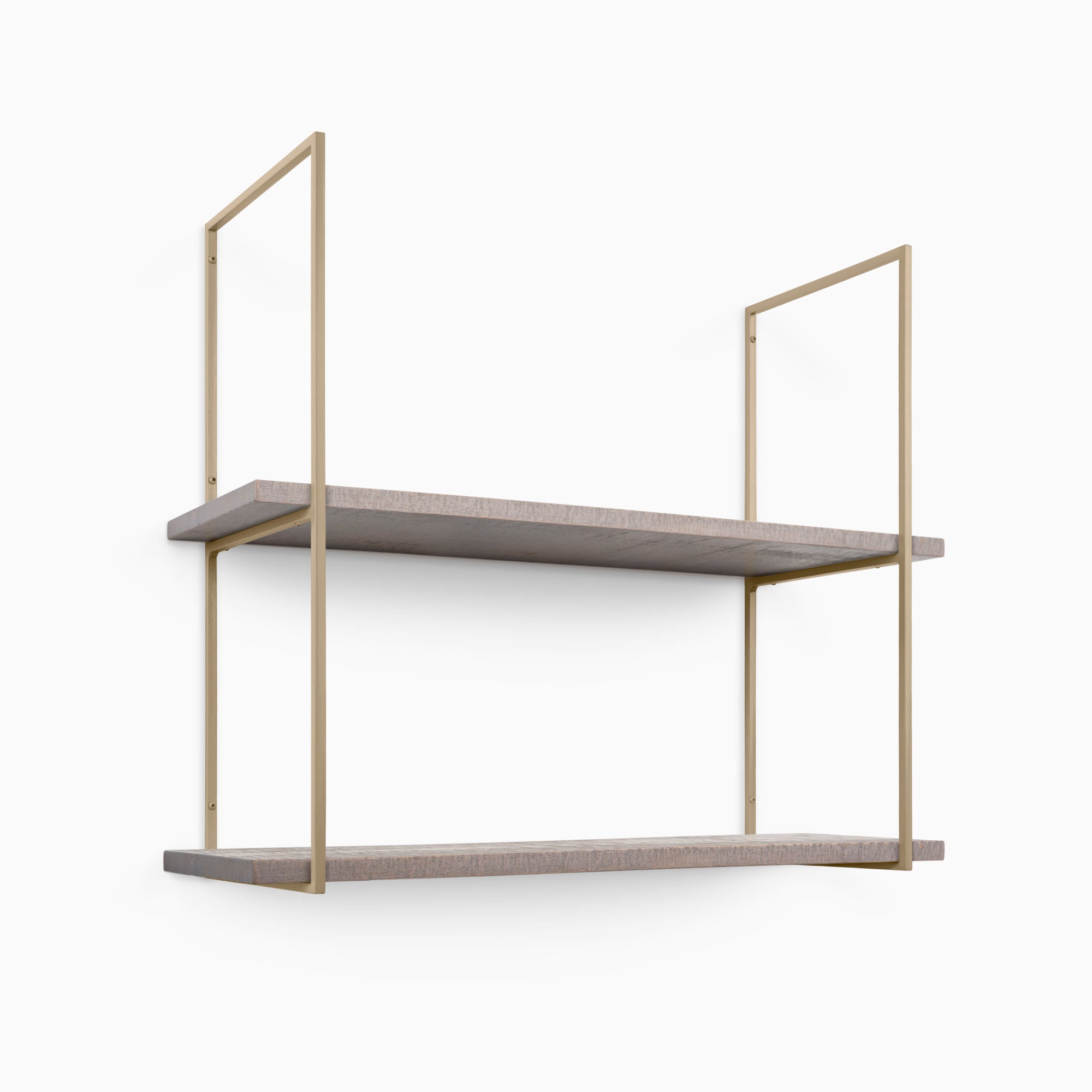 Lloyd Hatch Grey Rustic 2 Tiered Shelf with textured grey wood planks and light beige metal floating shelf brackets