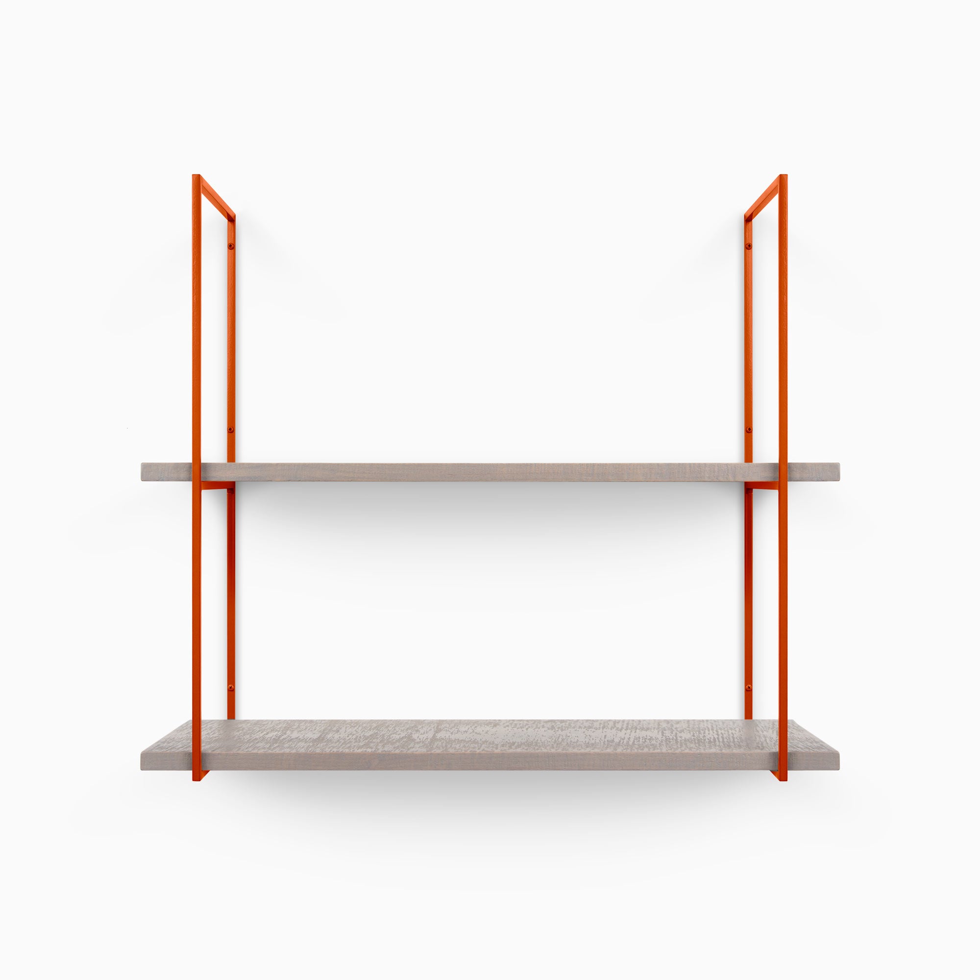 Lloyd Hatch Grey Rustic 2 Tiered Shelf with textured grey wood planks and bold orange metal floating shelf brackets