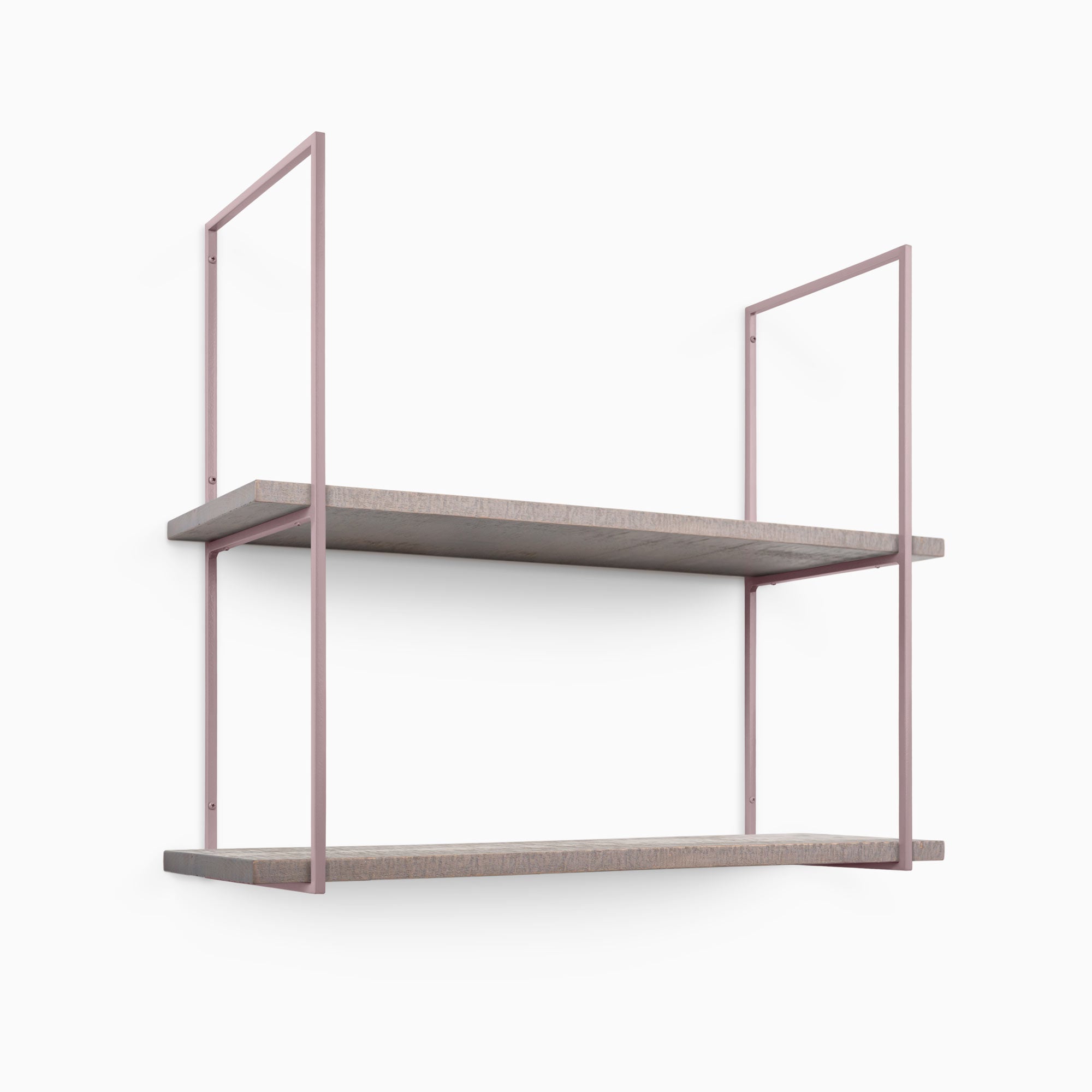 Lloyd Hatch Grey Rustic 2 Tiered Shelf with textured grey wood planks and slim muted pink metal floating shelf brackets