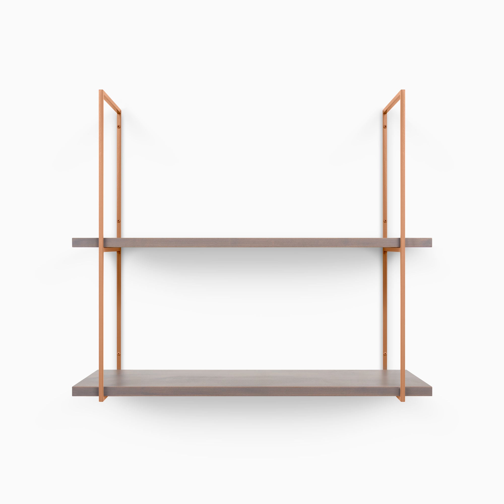 Lloyd Hatch Grey 2 Tiered Shelf with smooth grey wood planks and slim copper-tone metal floating shelf brackets