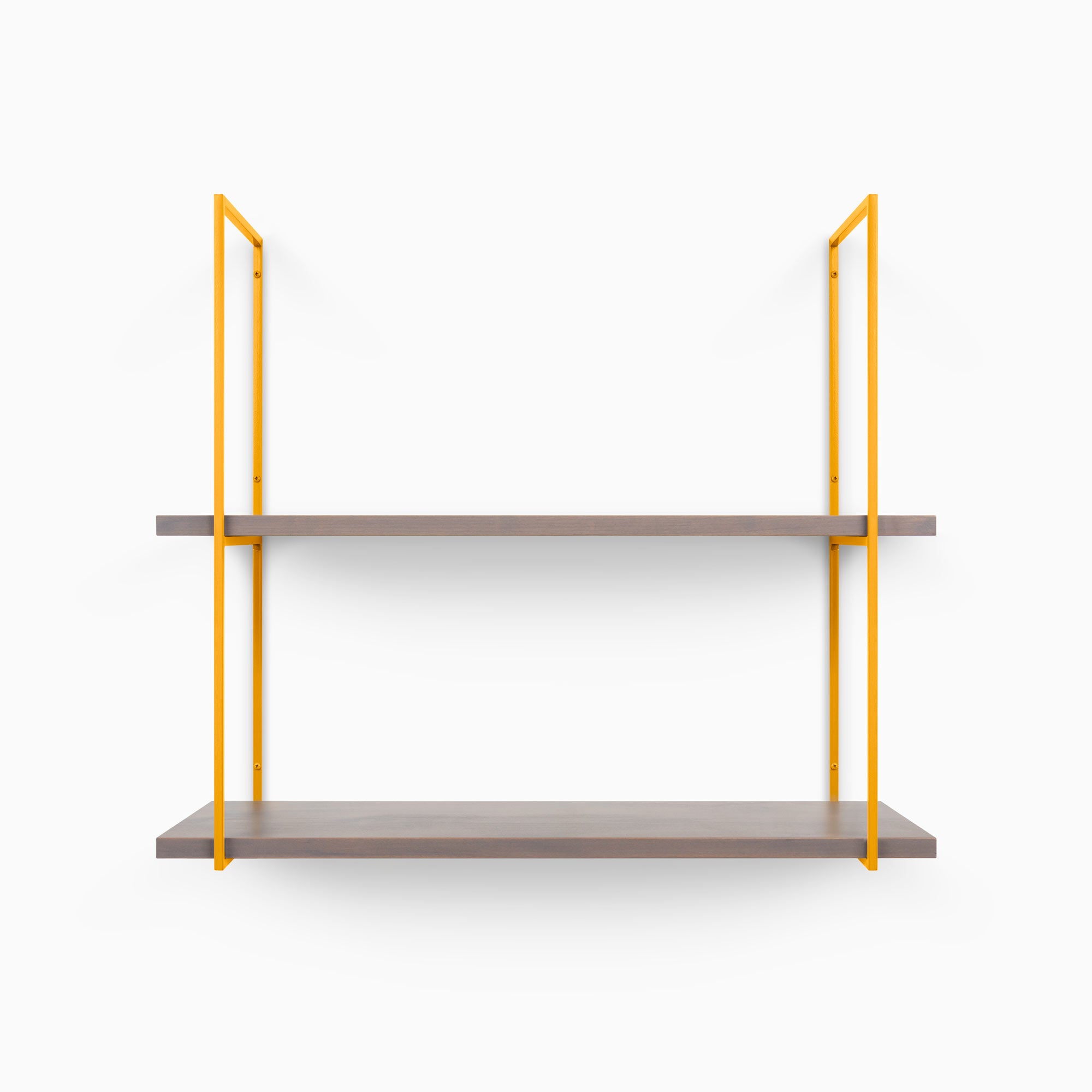 Lloyd Hatch Grey 2 Tiered Shelf with smooth grey wood planks and bold orange metal floating shelf brackets
