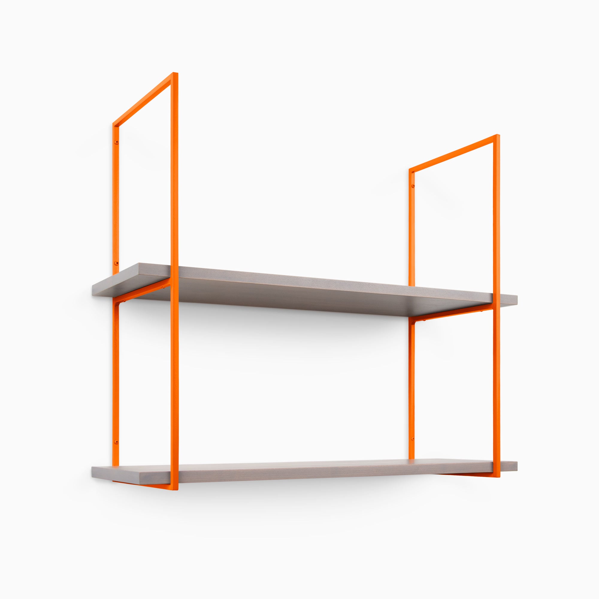 Lloyd Hatch Grey 2 Tiered Shelf with smooth grey planks and vibrant orange metal floating shelf brackets