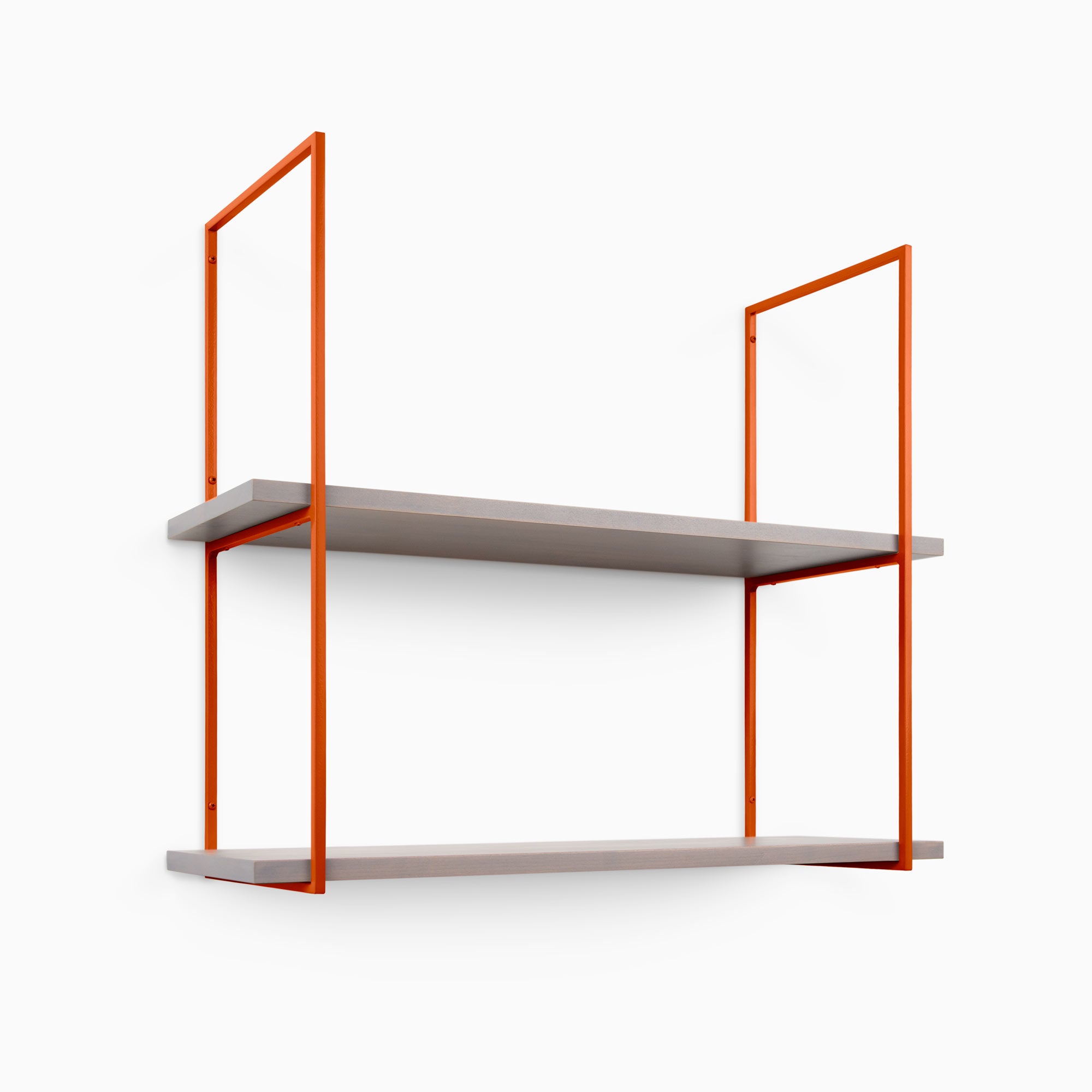 Lloyd Hatch Grey 2 Tiered Shelf with smooth grey wood planks and bright orange metal floating shelf brackets