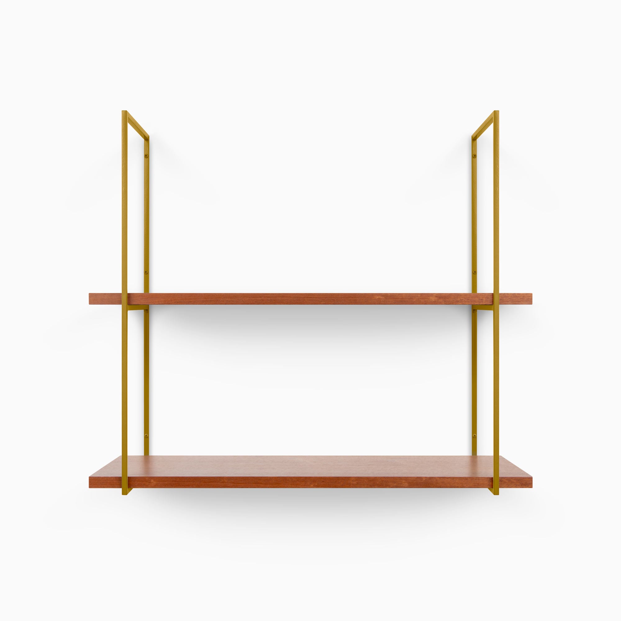 Lloyd Mahogany 2 Tiered Shelf with warm mahogany planks and slender gold metal floating shelf brackets for wall display