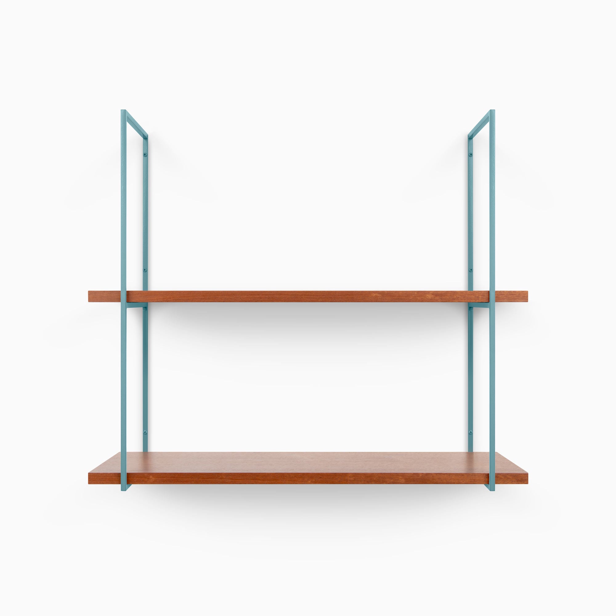 Lloyd Mahogany 2 Tiered Shelf with warm mahogany wood ledges and cool blue metal floating shelf brackets for wall display