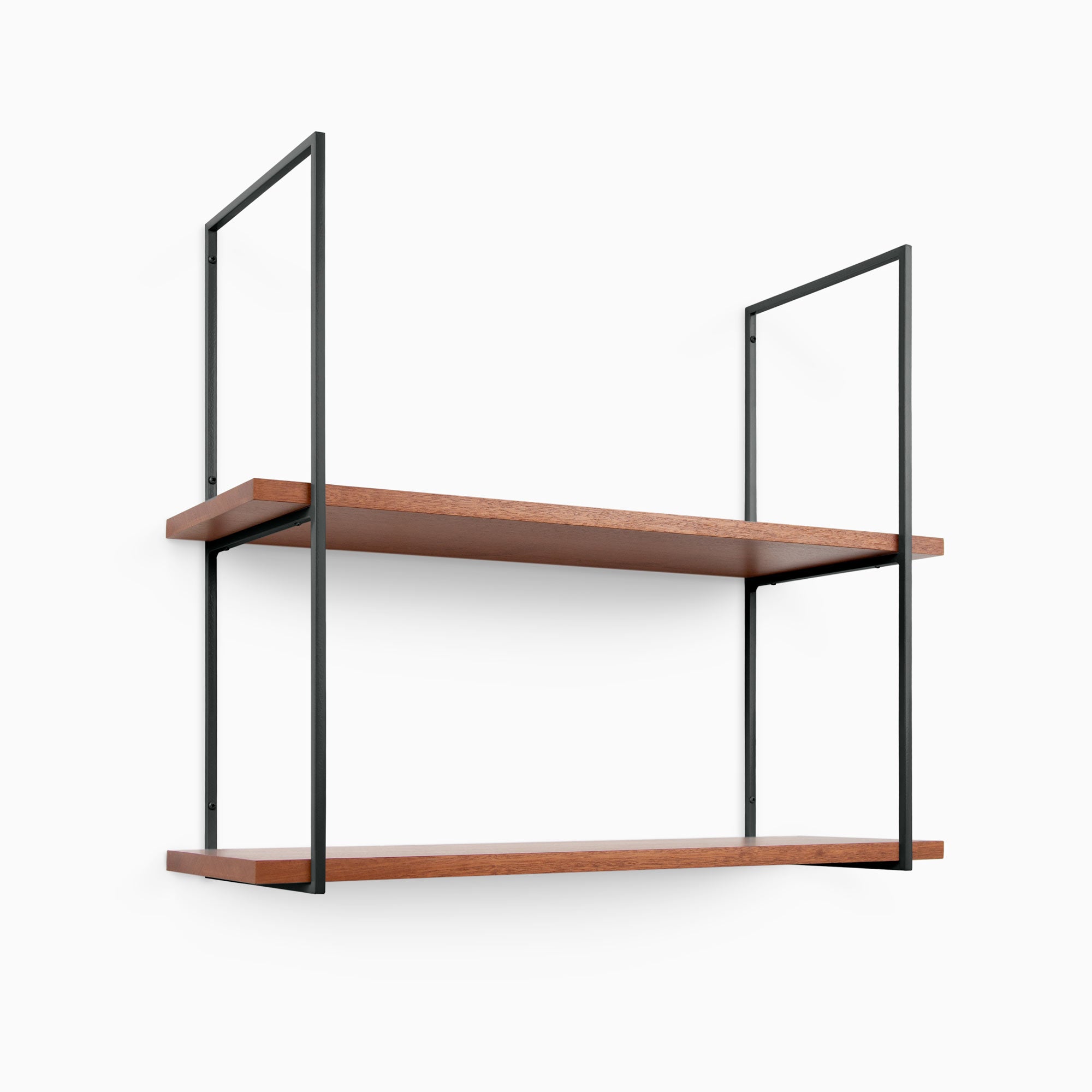 Lloyd Mahogany 2 Tiered Shelf with rich mahogany wood shelves and sleek black metal floating shelf brackets for wall display