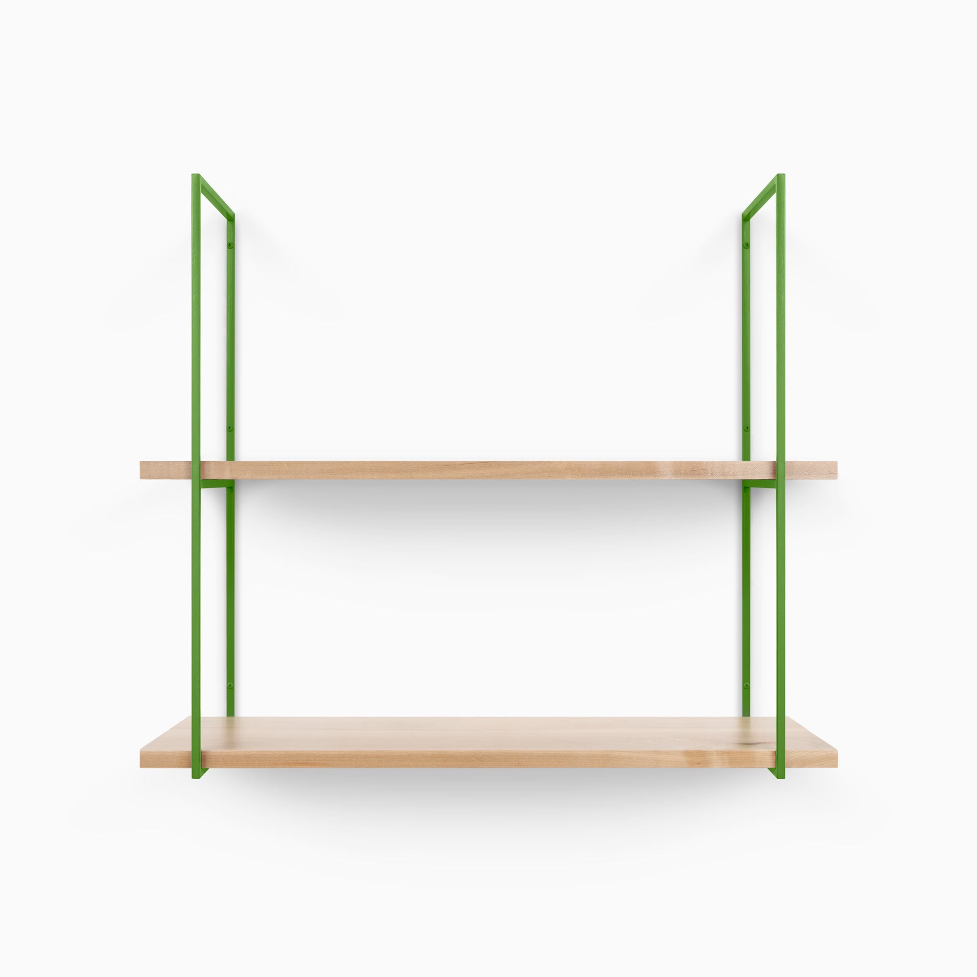 Lloyd Maple 2 Tiered Shelf with clear maple wood shelves and vibrant green metal floating shelf brackets for wall display