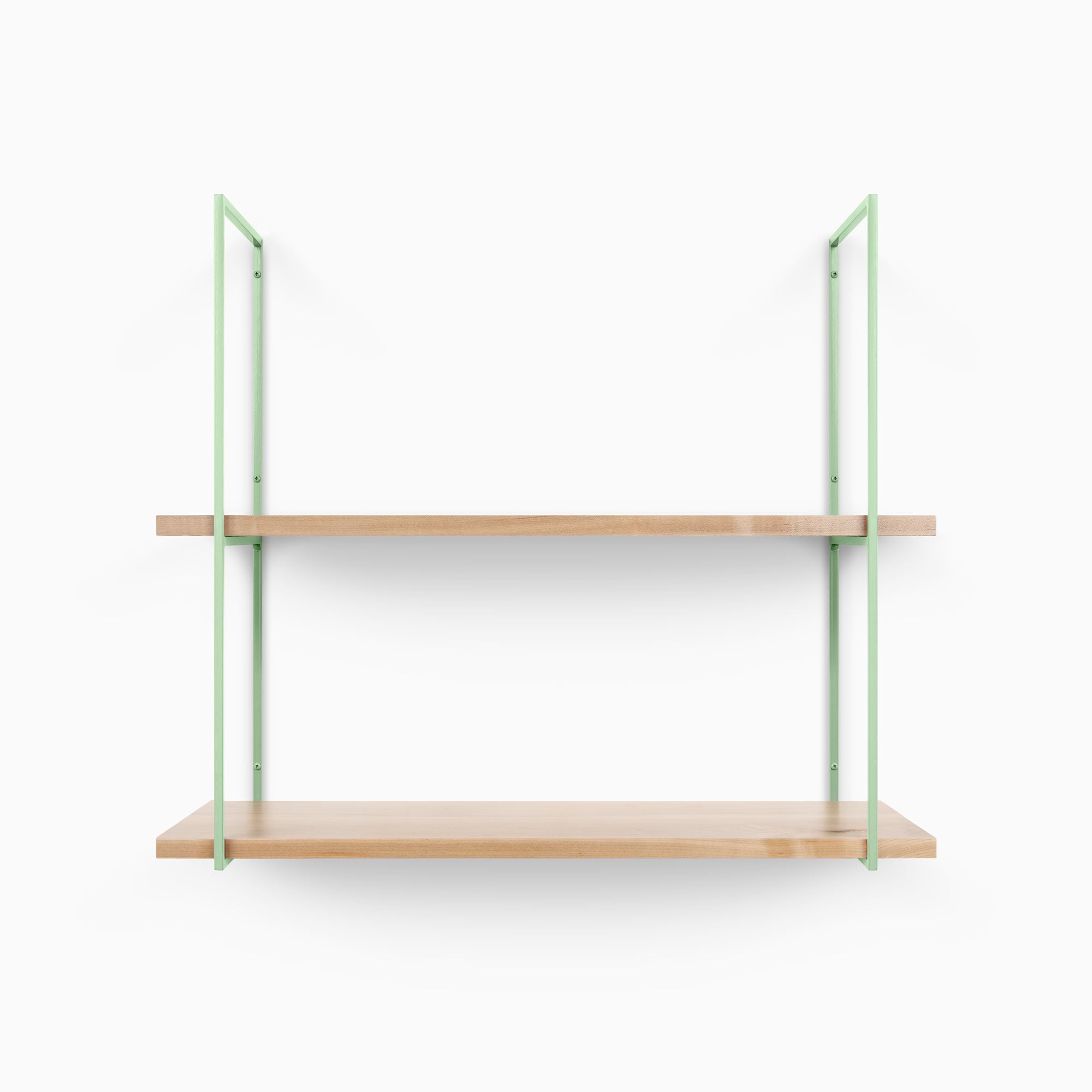 Lloyd Maple 2 Tiered Shelf with smooth maple wood planks and pastel green metal floating shelf brackets for wall display