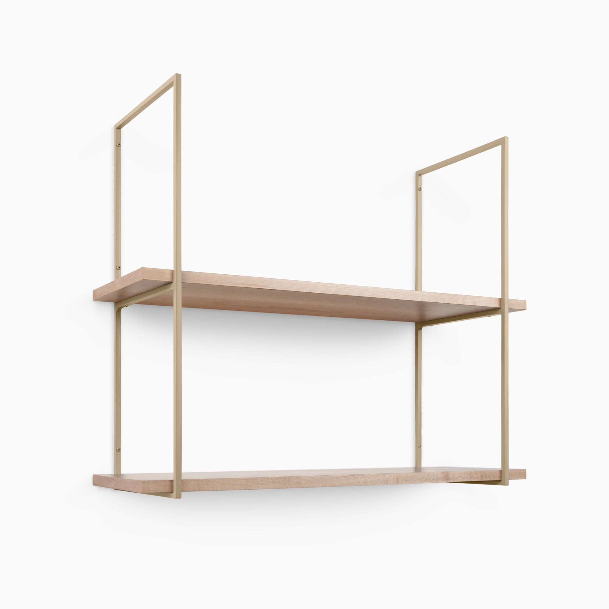 Lloyd Maple 2 Tiered Shelf with smooth maple wood planks and minimalist light beige metal floating shelf brackets for wall display