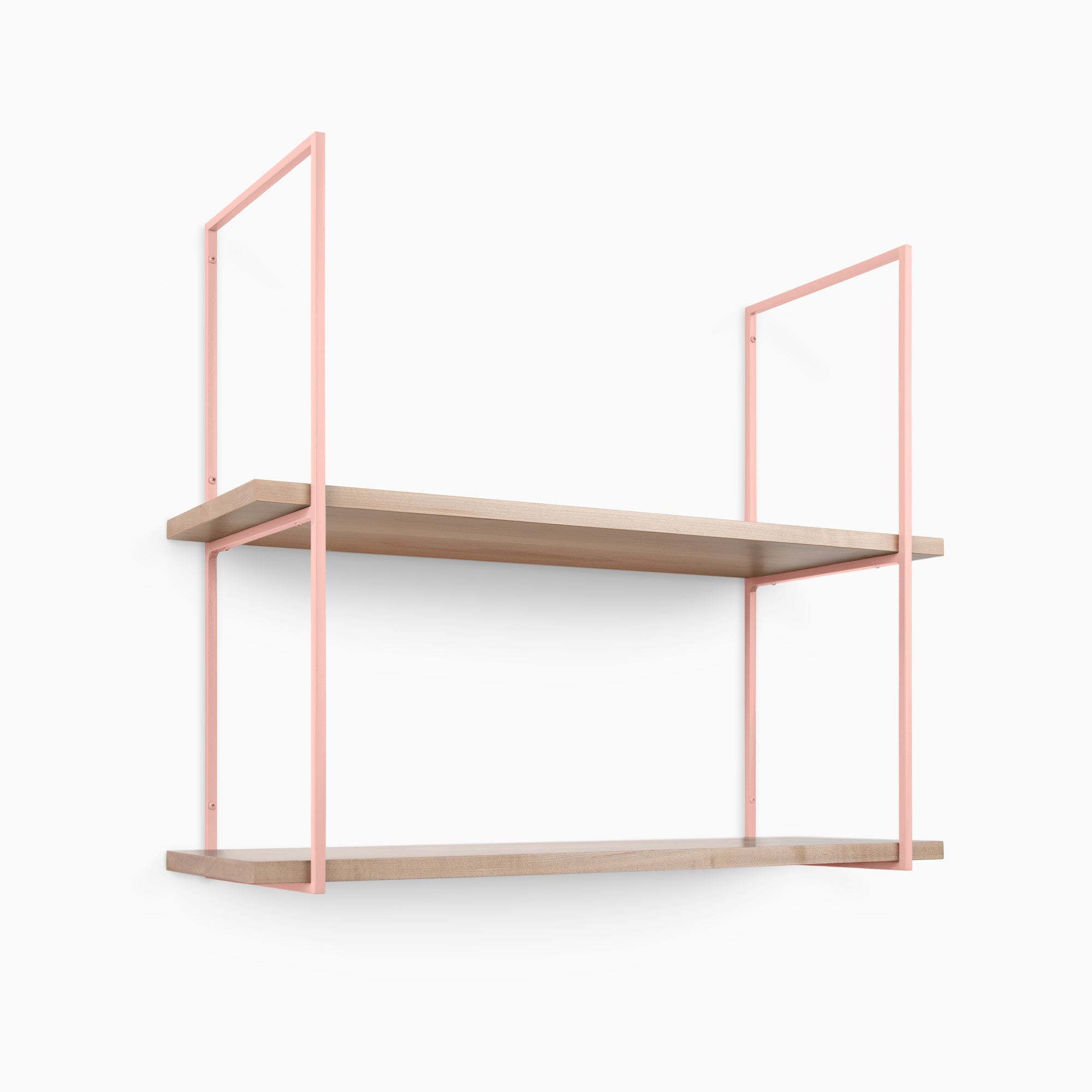 Lloyd Maple 2 Tiered Shelf with natural maple wood planks and soft pink metal floating shelf brackets for wall display