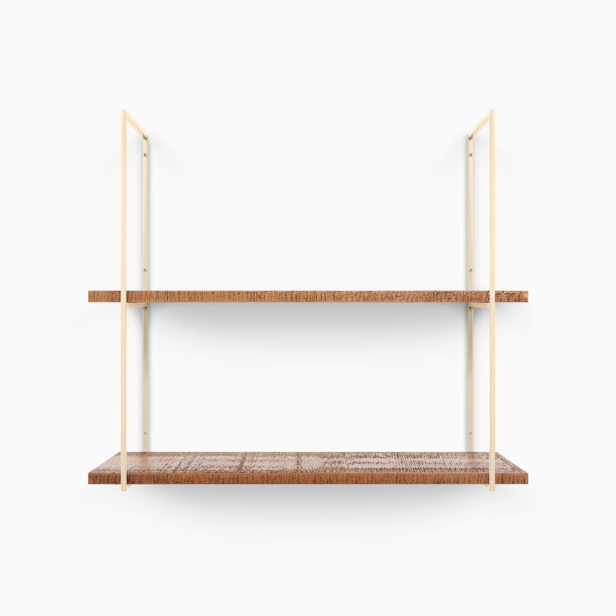 Lloyd Nutmeg Rustic 2 Tiered Shelf with minimalist wood and metal design for shelf and wall display organization.
