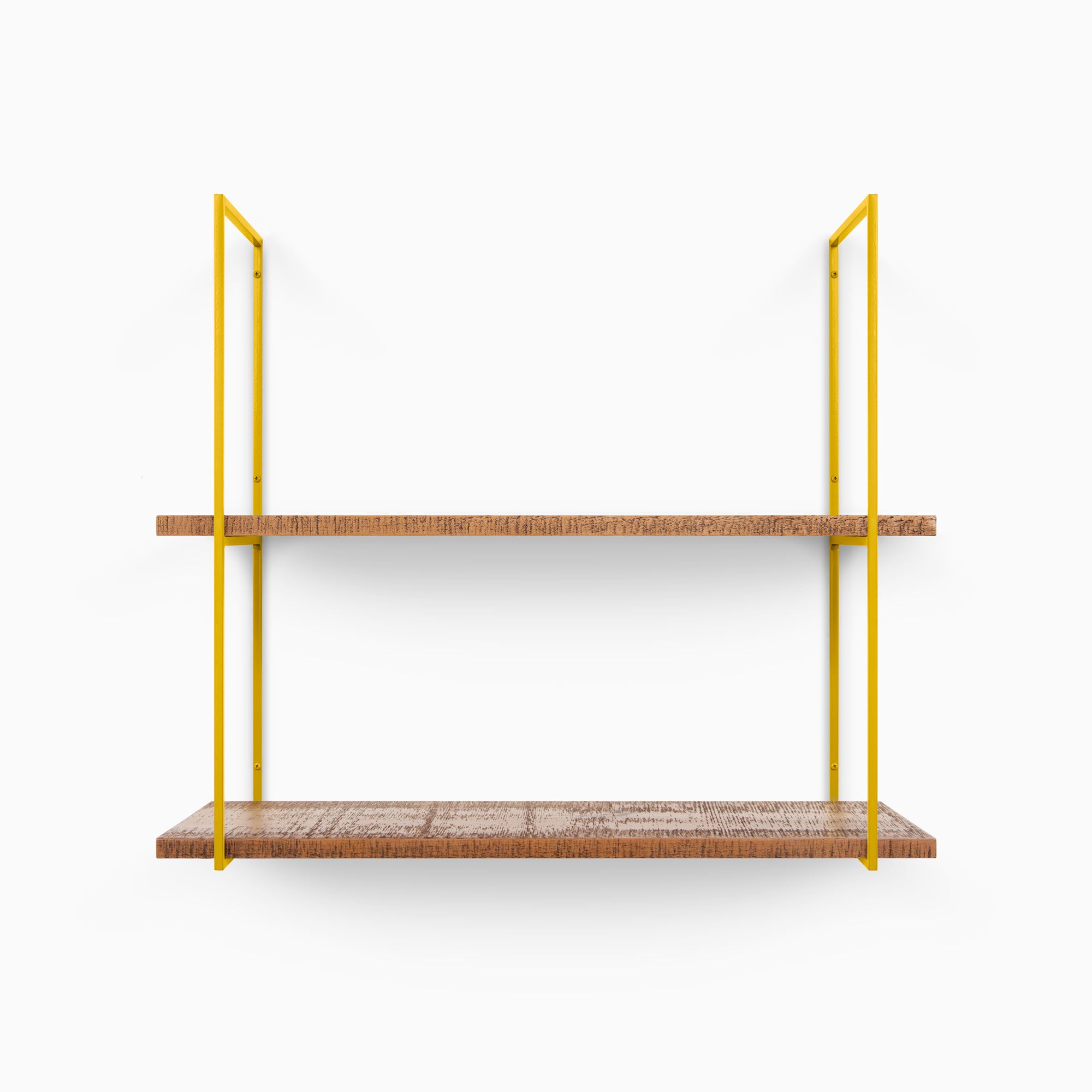 Lloyd Nutmeg Rustic 2 Tiered Shelf with wood floating shelves and metal floating shelf brackets in minimalist design