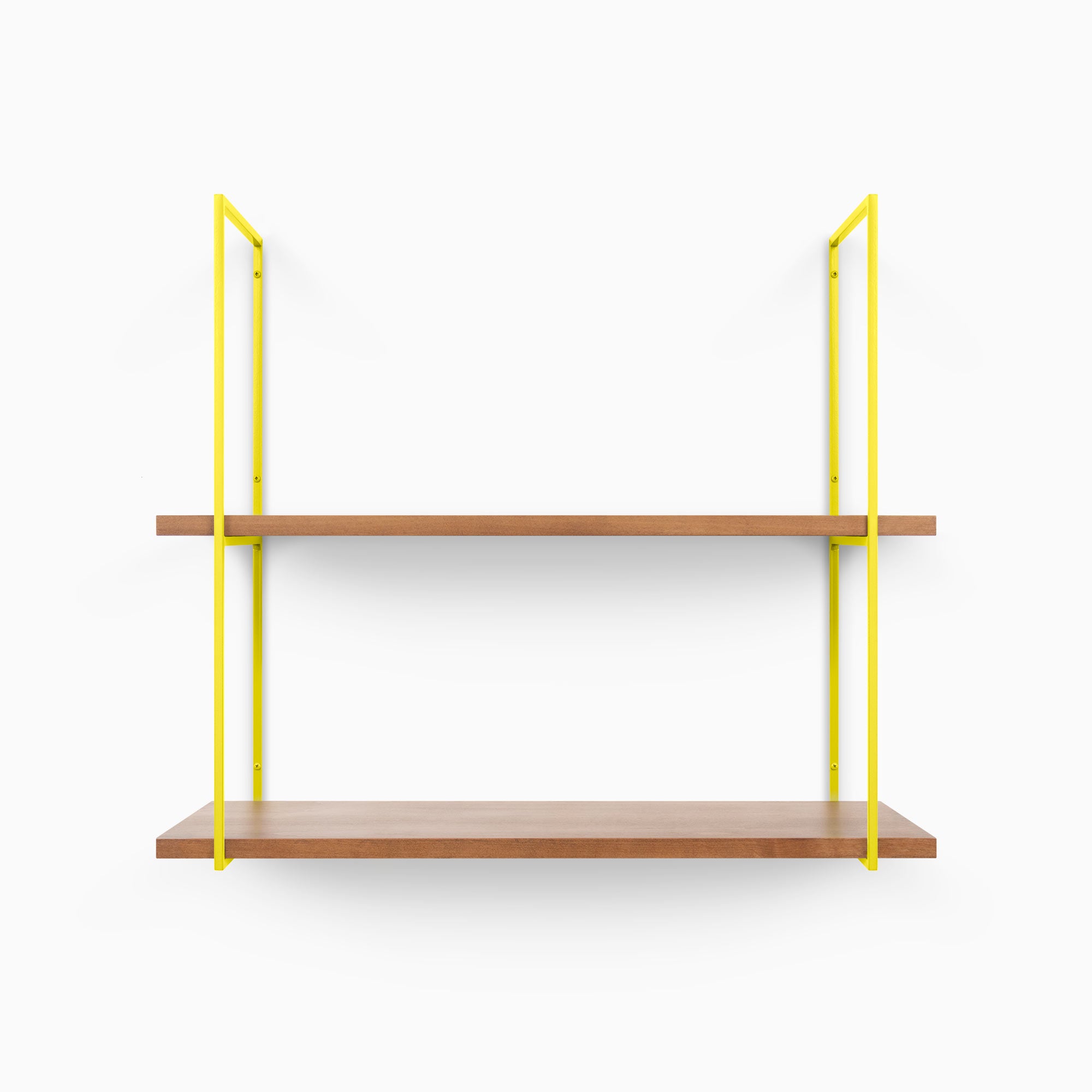 Lloyd Nutmeg 2 Tiered Shelf with solid hardwood shelves and vibrant yellow steel frame for functional wall storage and display