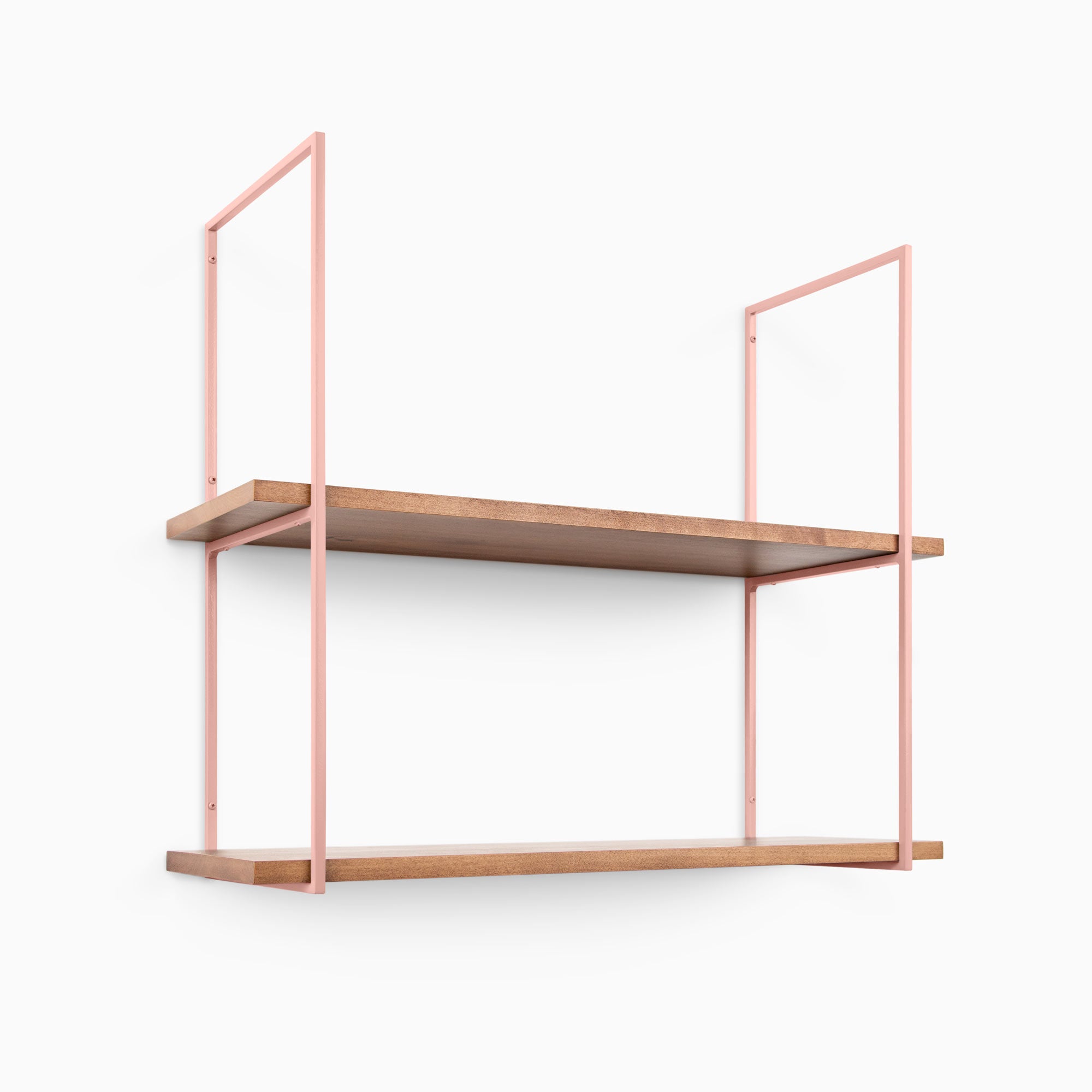 Lloyd Nutmeg 2 Tiered Shelf with smooth solid hardwood shelves and soft pink steel frame for elegant wall organization