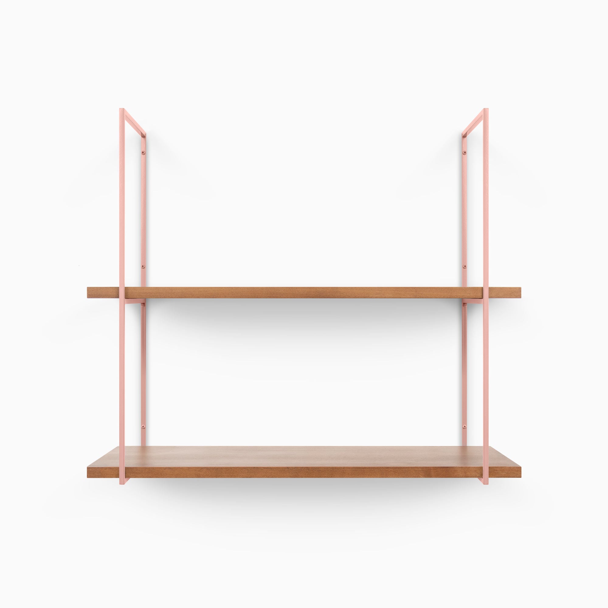 Lloyd Nutmeg 2 Tiered Shelf with smooth solid hardwood shelves and slender steel frame for modern wall display and storage