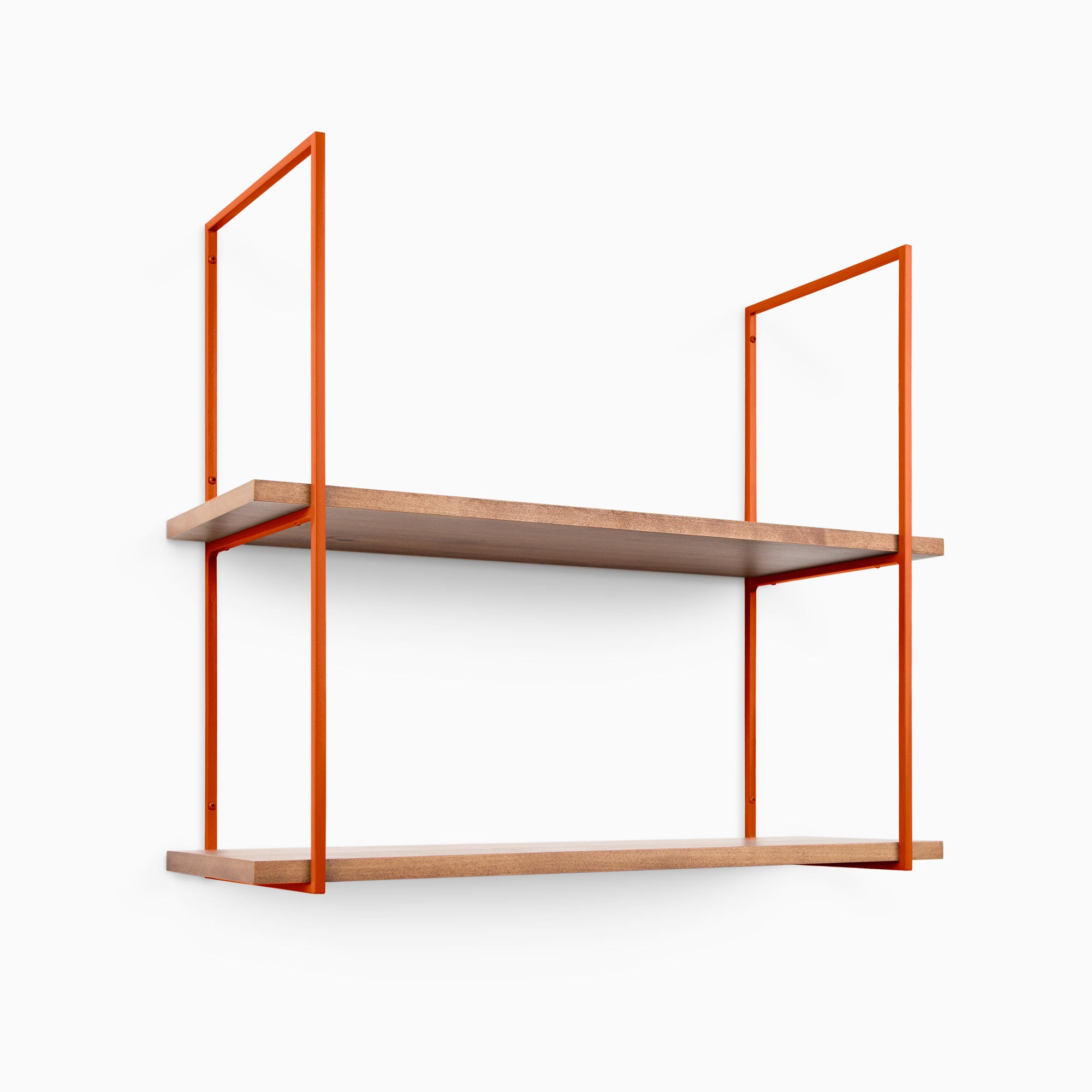 Lloyd Nutmeg 2 Tiered Shelf with smooth solid hardwood shelves and vibrant orange steel frame for stylish wall display and organization